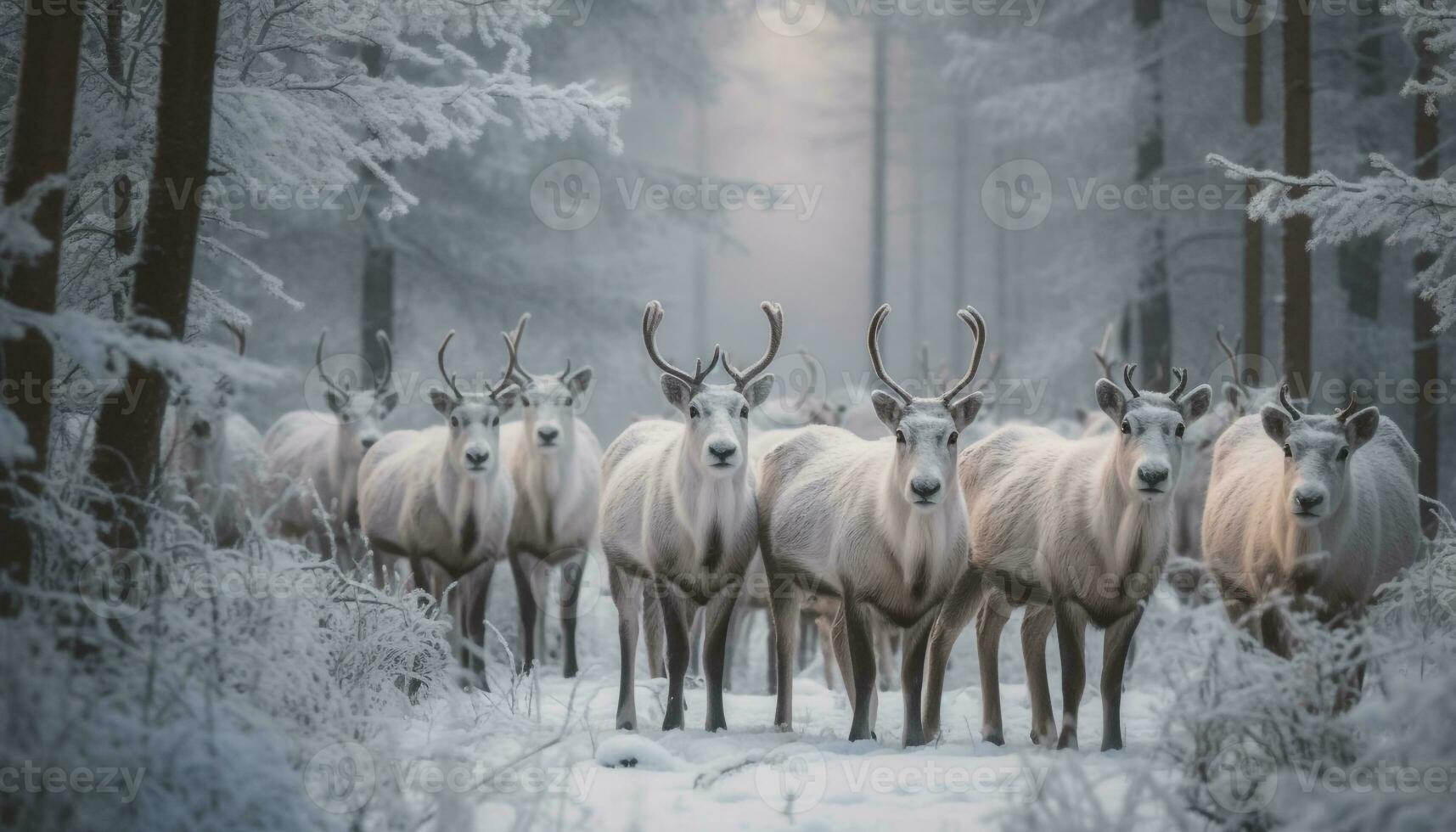 Horned deer graze in snowy forest landscape generative AI photo