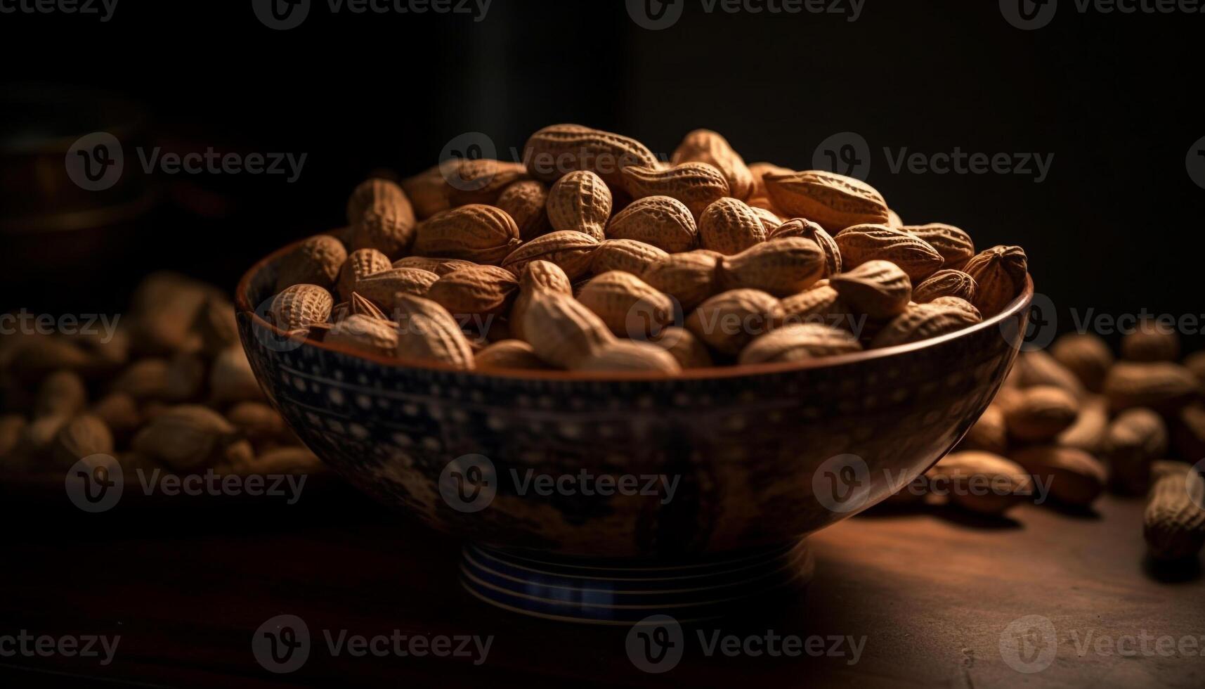 Healthy eating Nutty snacks in wooden bowl generative AI photo