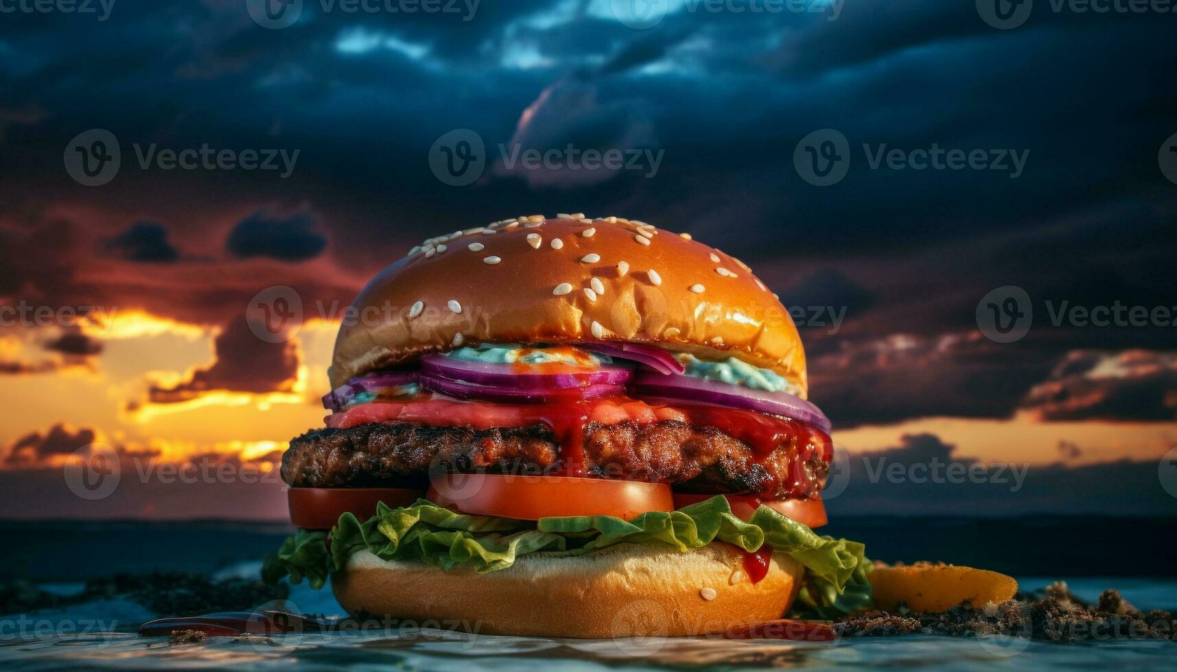 A la parrilla carne de vaca hamburguesa con queso y tomate generativo ai foto