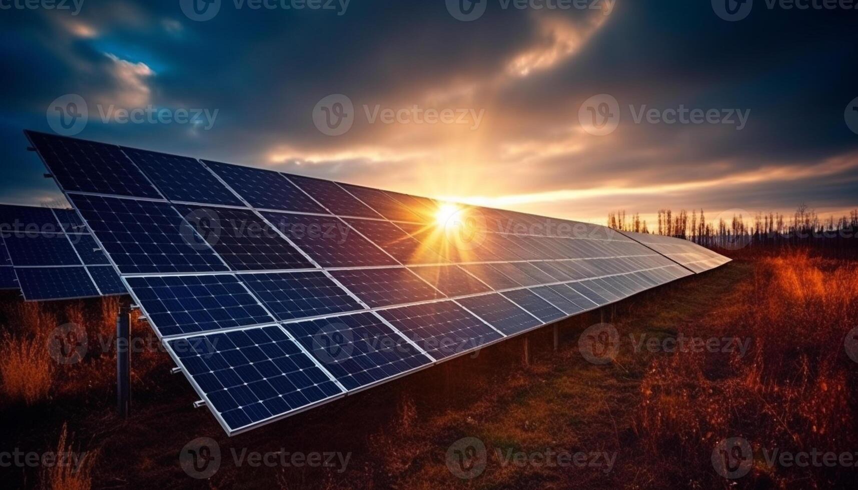 Sunset sky reflects solar panel sustainable power generation photo