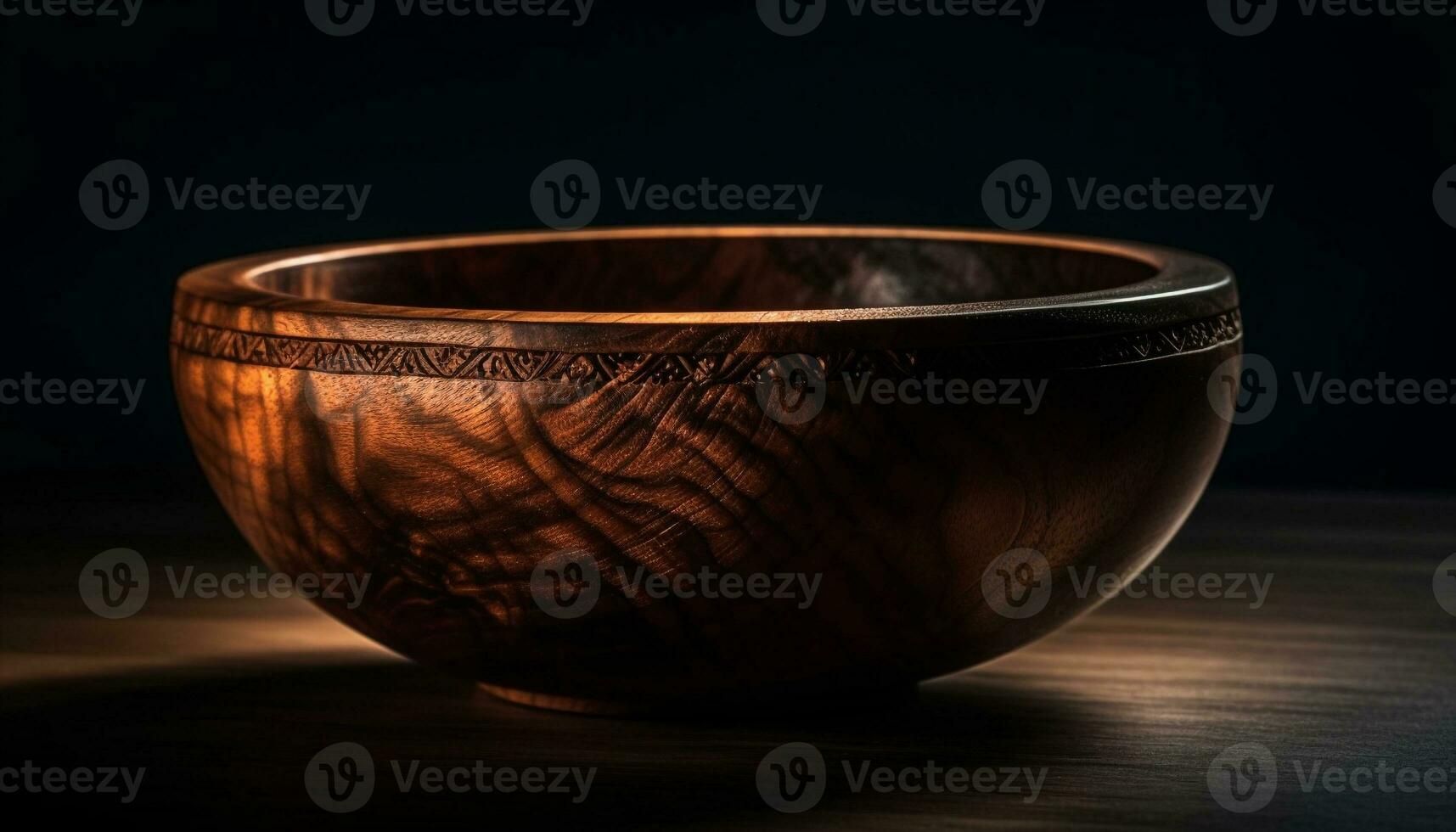 Rustic earthenware bowl on old wooden table generative AI photo