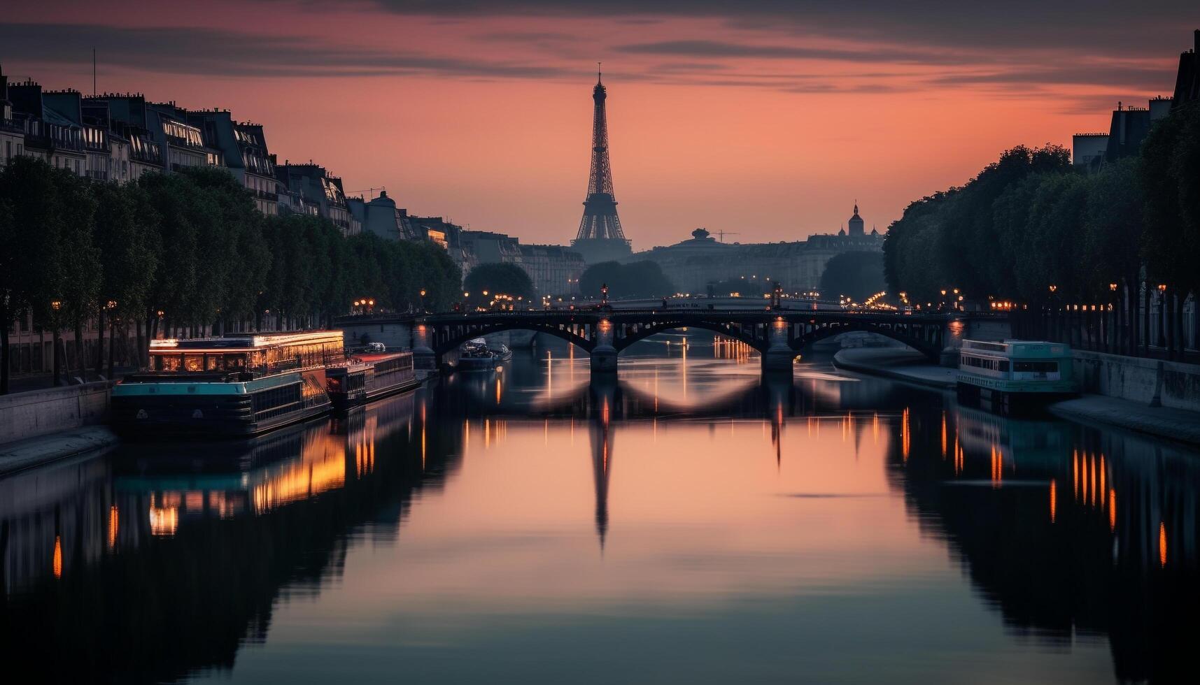 City skyline illuminated at dusk, reflecting on water generated by AI photo