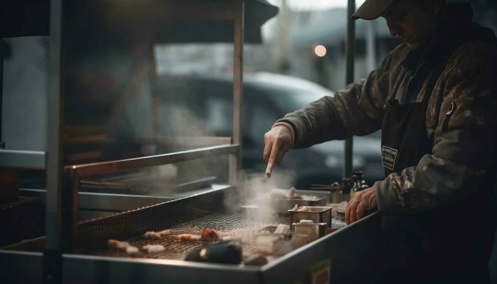 experto cocinero prepara gastrónomo comida en metal fábrica generado por ai foto