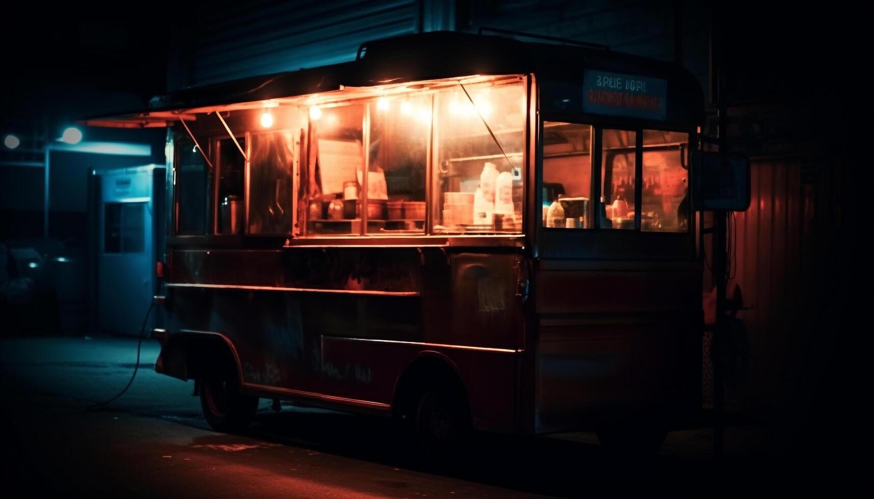 Illuminated double decker bus speeds through city streets generated by AI photo