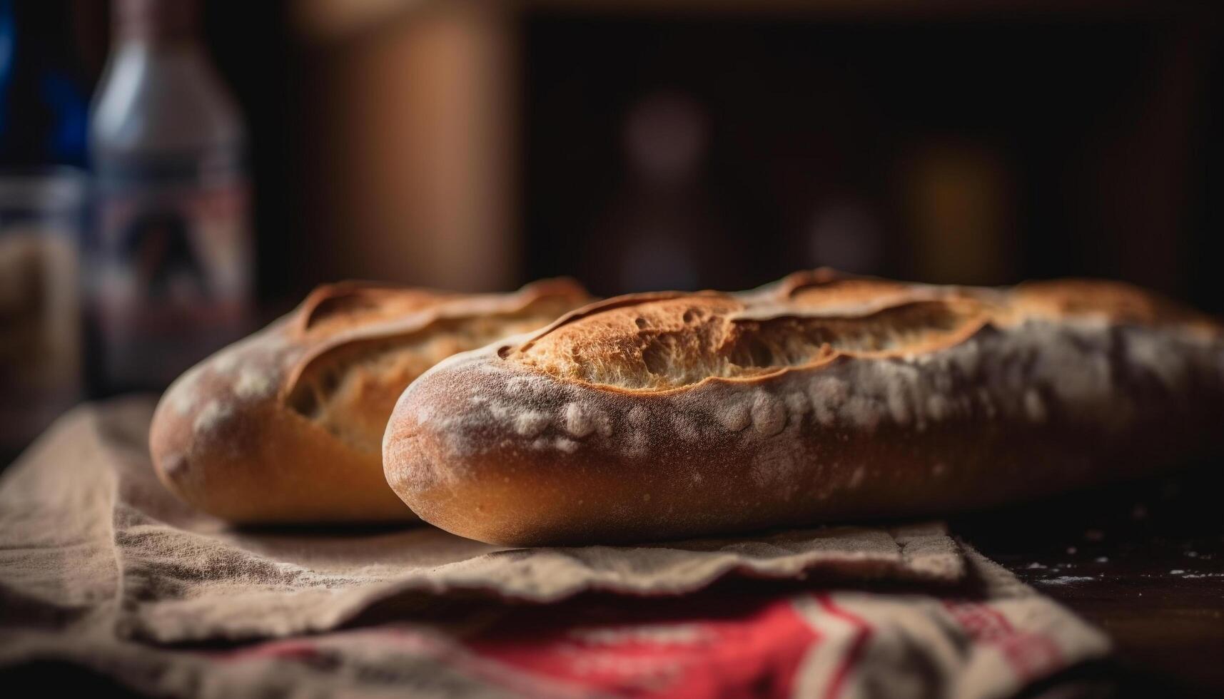 Freshly baked baguette on rustic wooden table generated by AI photo