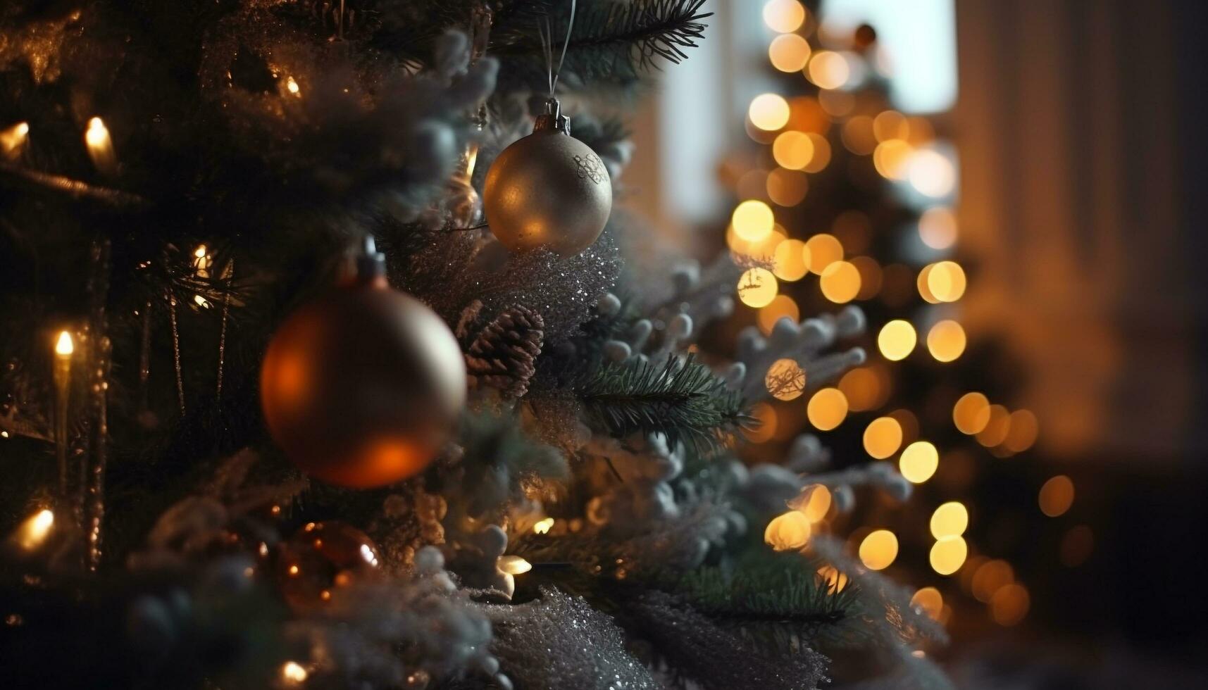 brillante Navidad árbol brillante con decorado adornos generado por ai foto