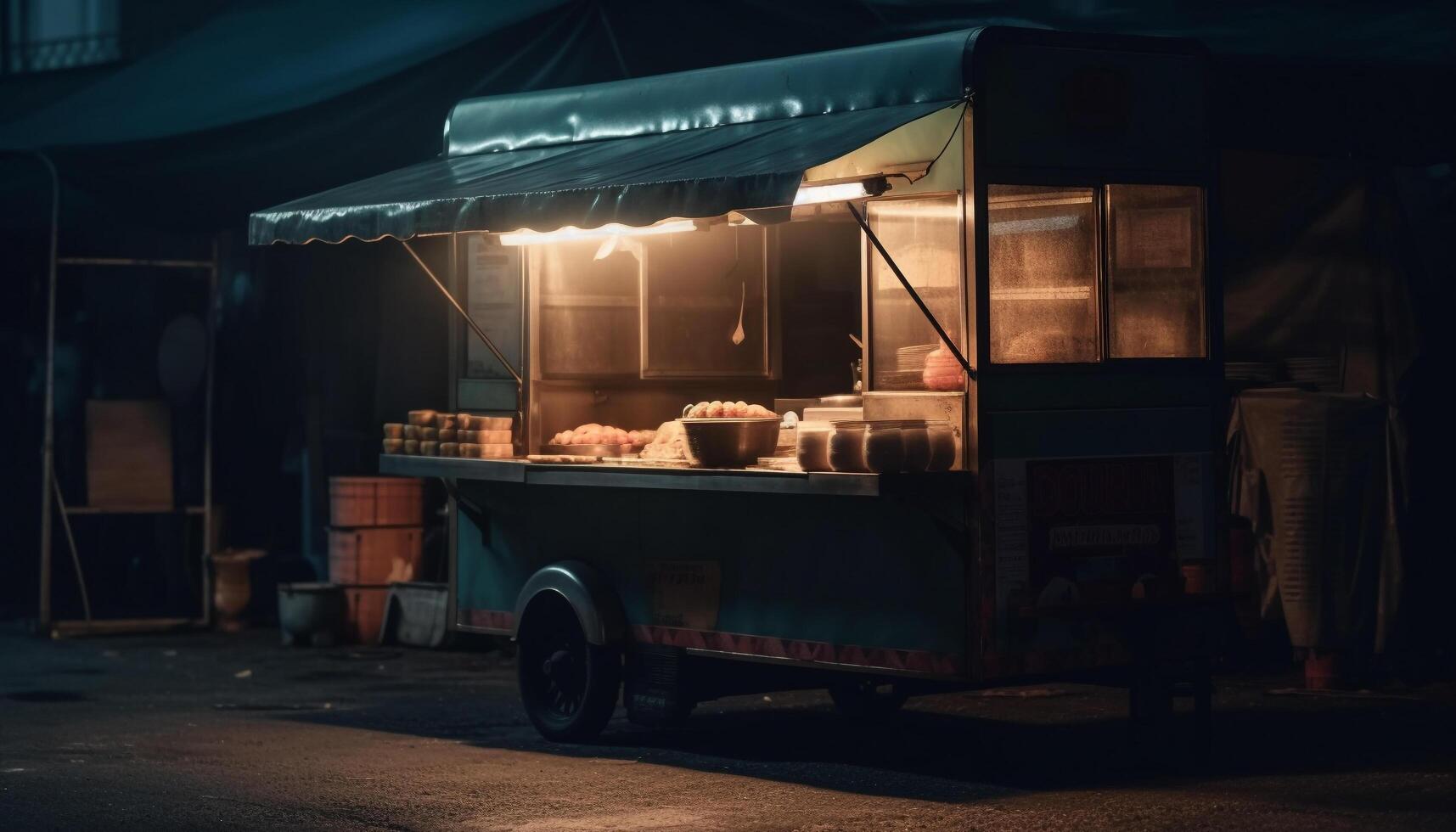 Grilling meat outdoors at night, old fashioned style generated by AI photo