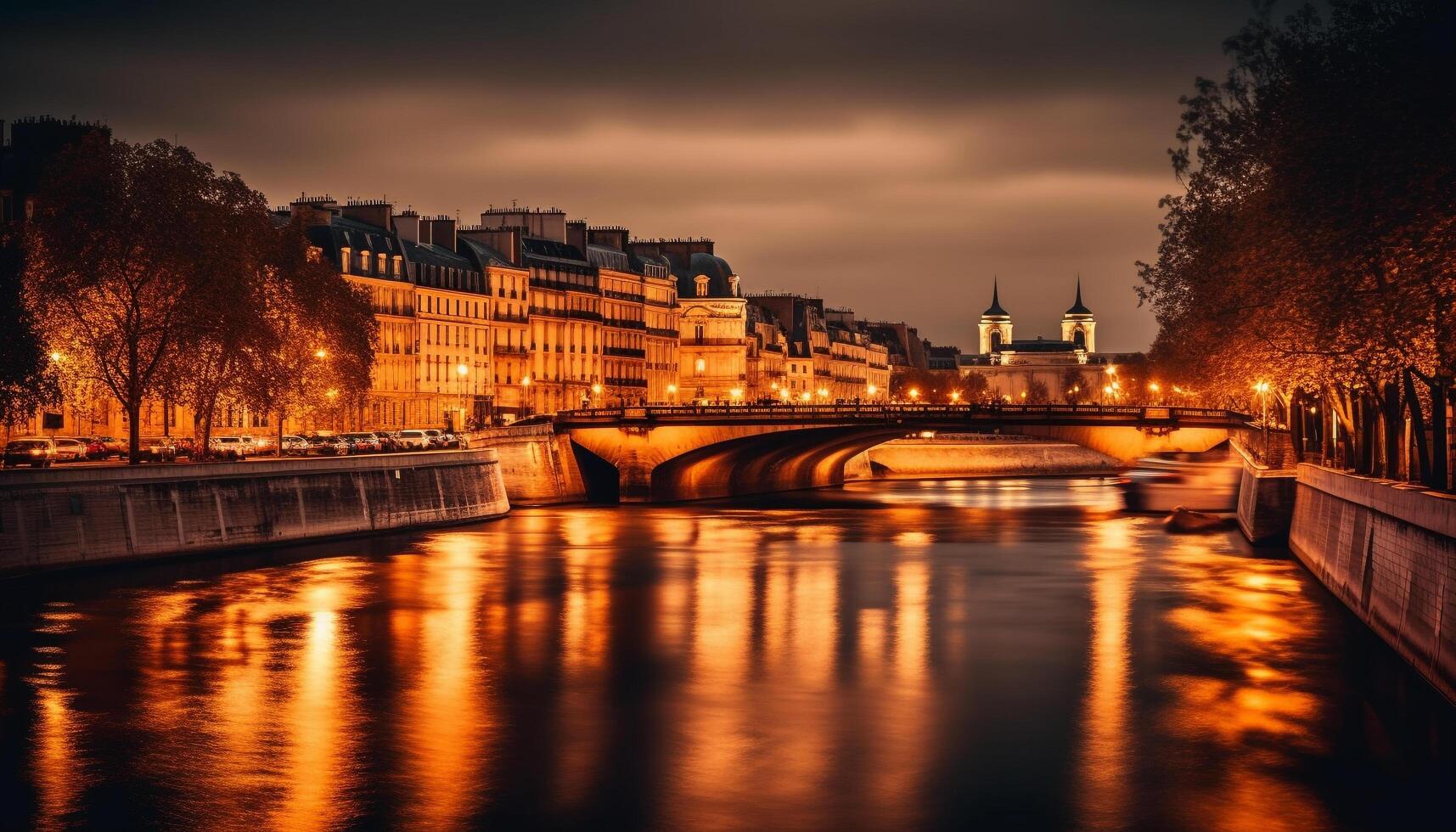 Illuminated city skyline reflects on the water generated by AI photo