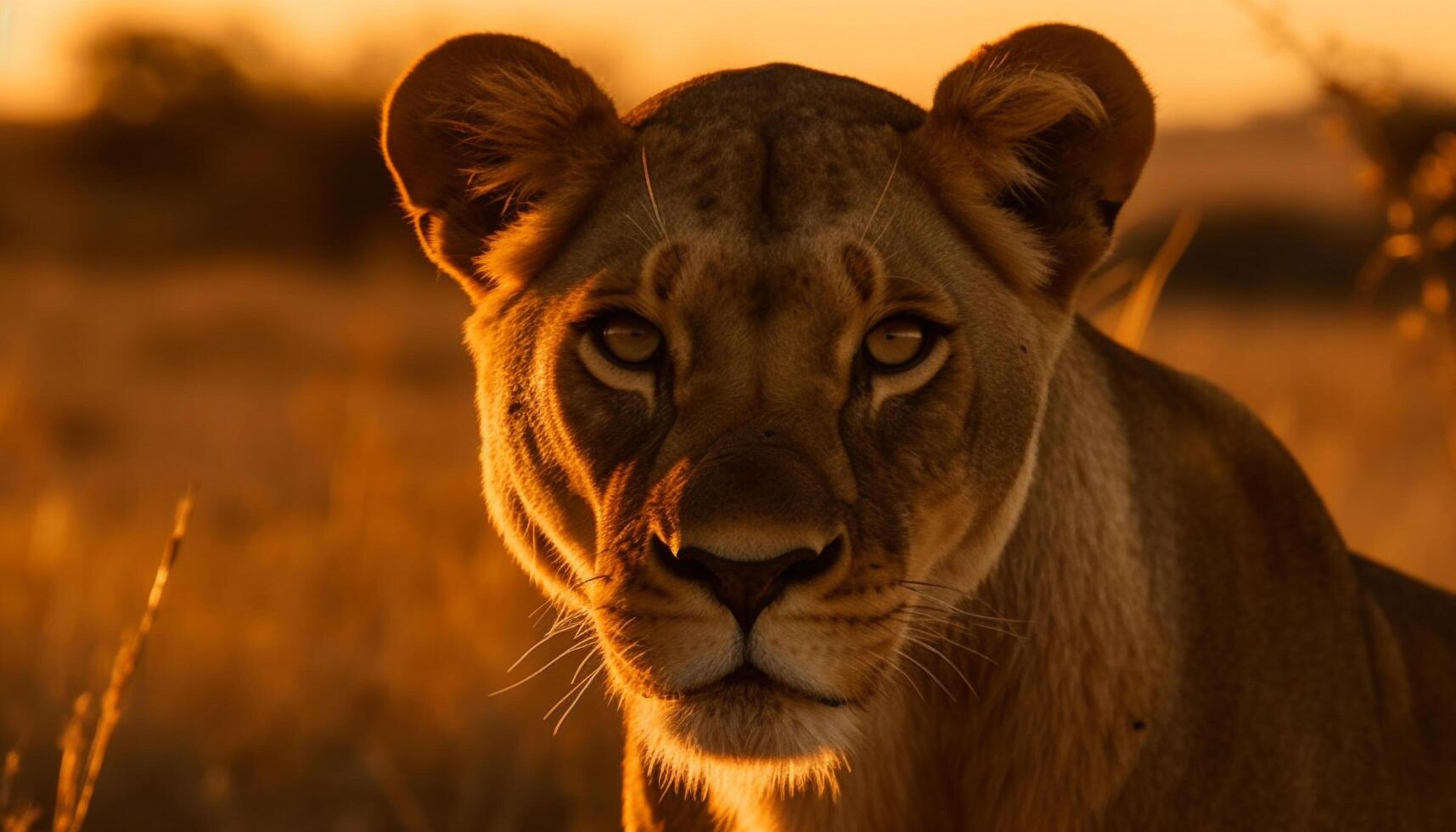 Majestic lioness walking in the African savannah generated by AI photo