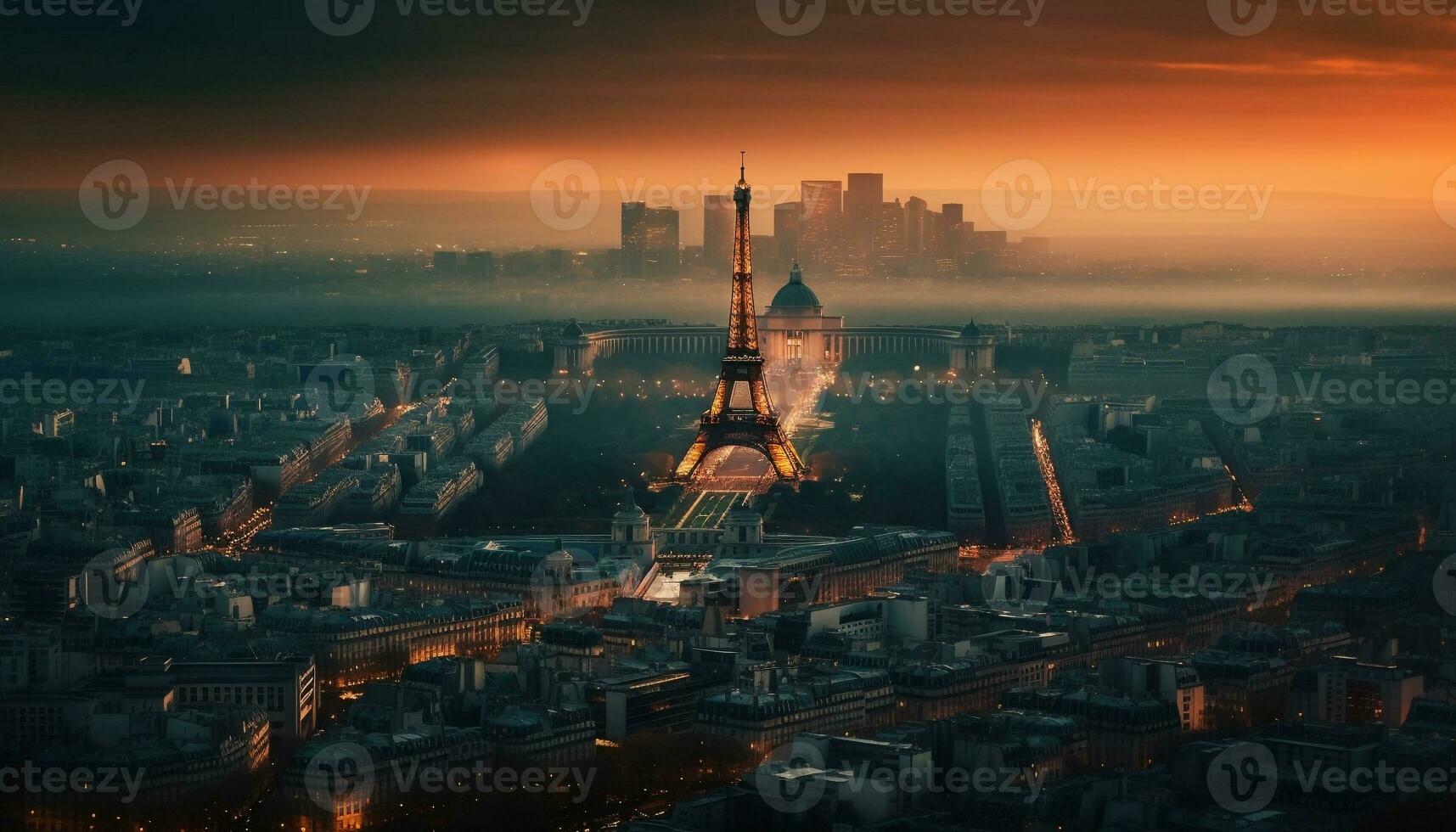 Illuminated city skyline at dusk, modern development generated by AI photo