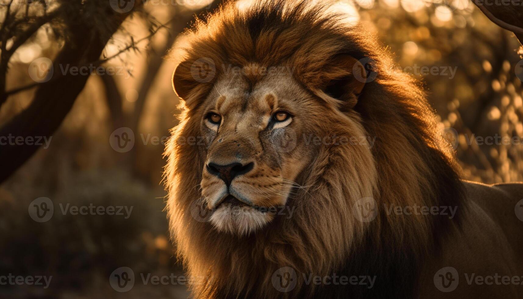 Majestic lion with a thick golden mane generated by AI photo