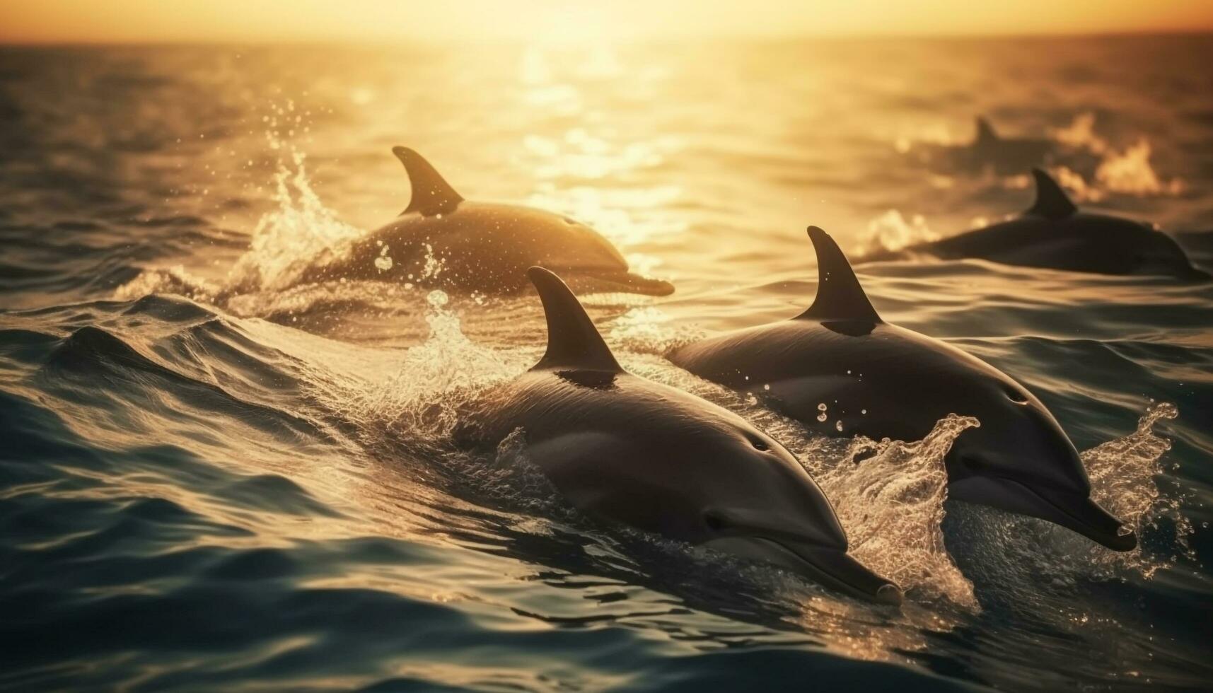 juguetón delfines salpicaduras en el puesta de sol mar generado por ai foto