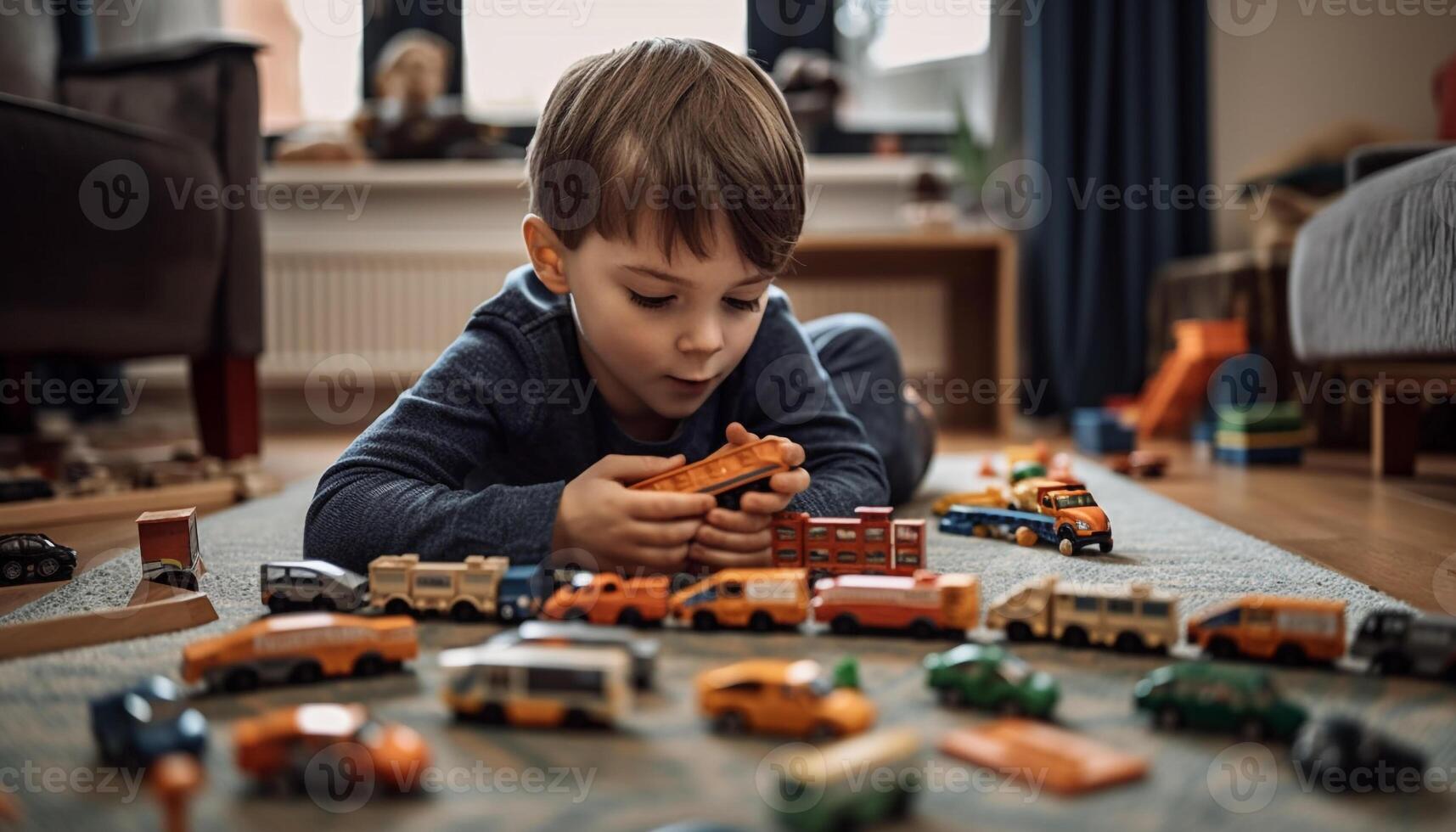 Cute Caucasian toddler playing with toy car indoors generated by AI photo