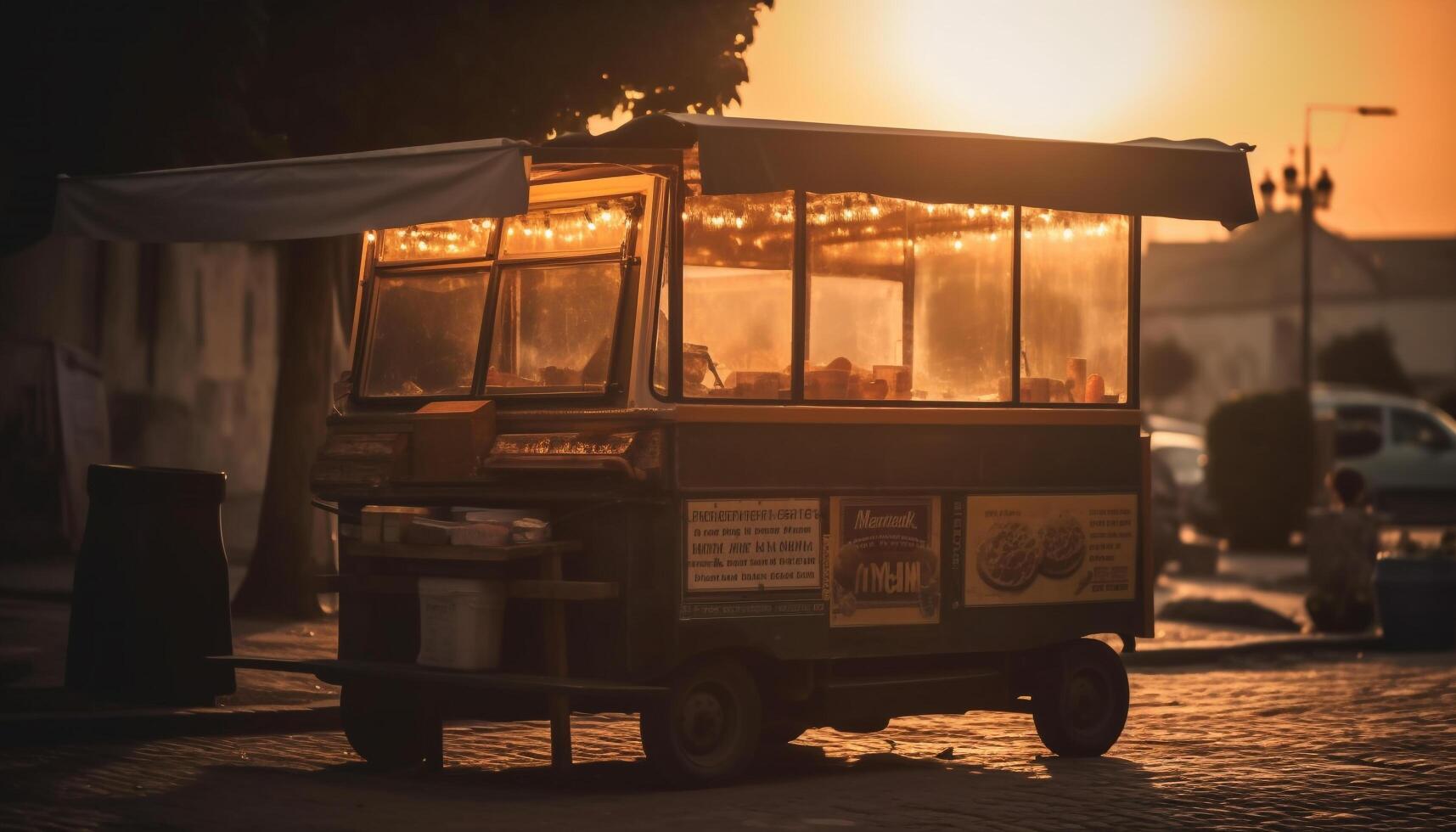 Old fashioned bus drives through illuminated city streets at dusk generated by AI photo