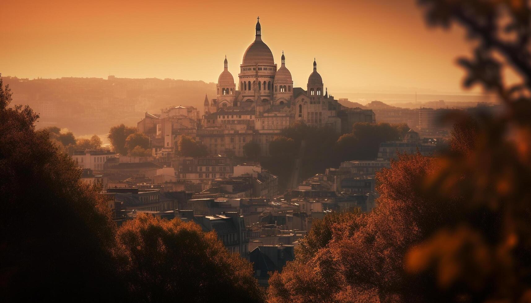 Sunset illuminates famous basilica in Catholic capital city generated by AI photo