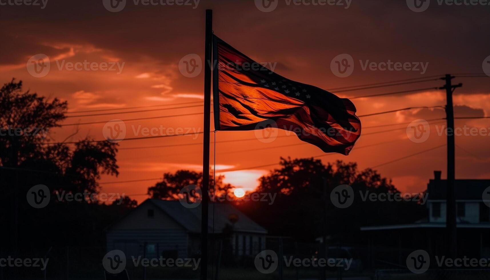 Silhouette of flag flying against vibrant sunset sky generated by AI photo