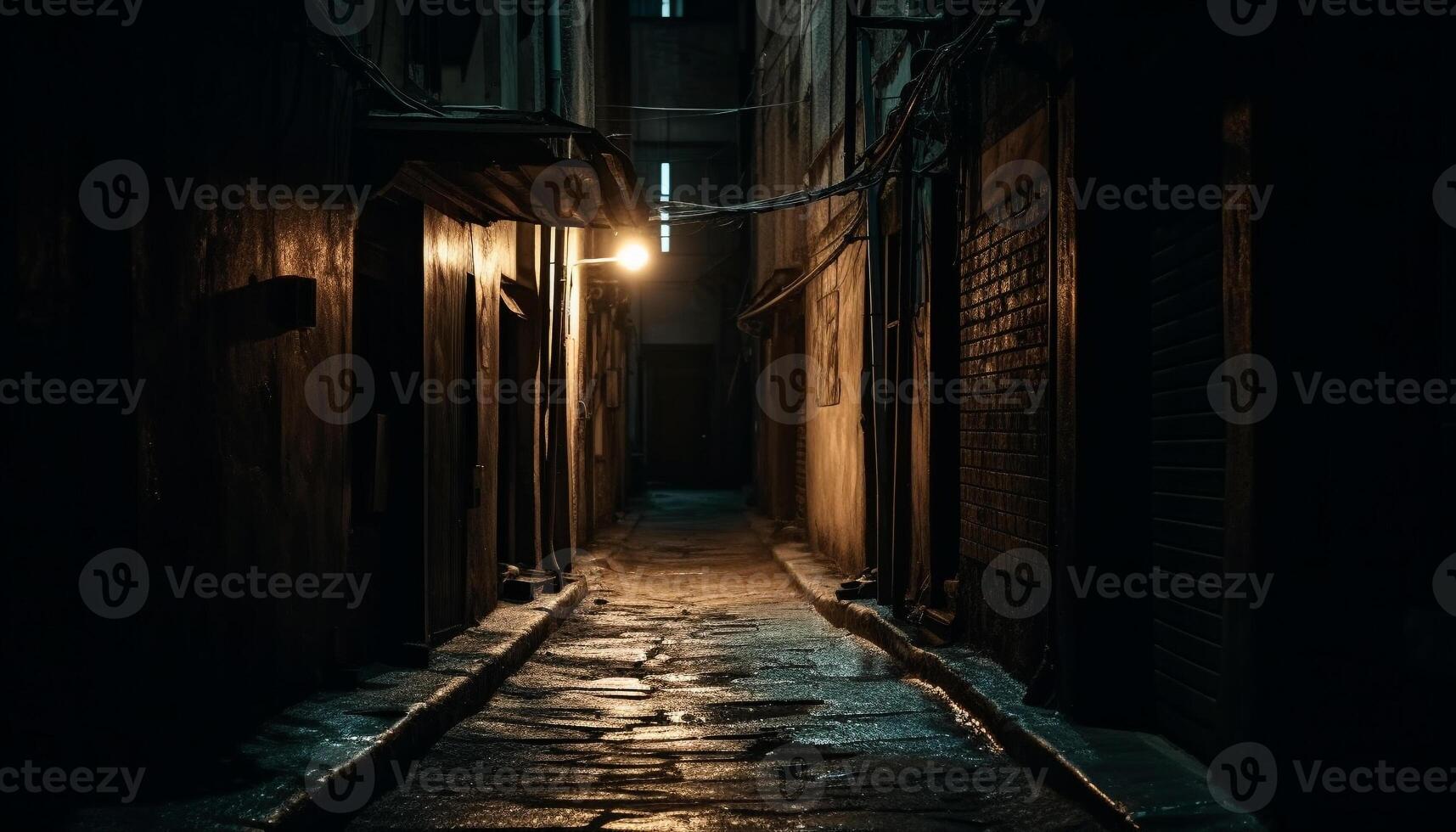 Spooky old building, abandoned lantern illuminates mystery generated by AI photo