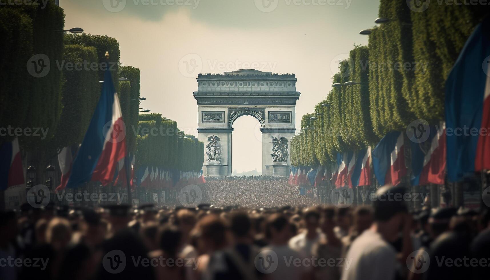 Crowd triumphs at national landmark, backlit by sunset generated by AI photo