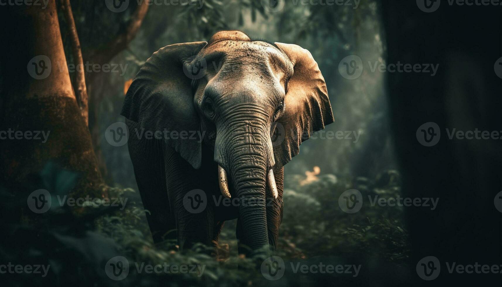 Large African elephant walking through tropical rainforest generated by AI photo