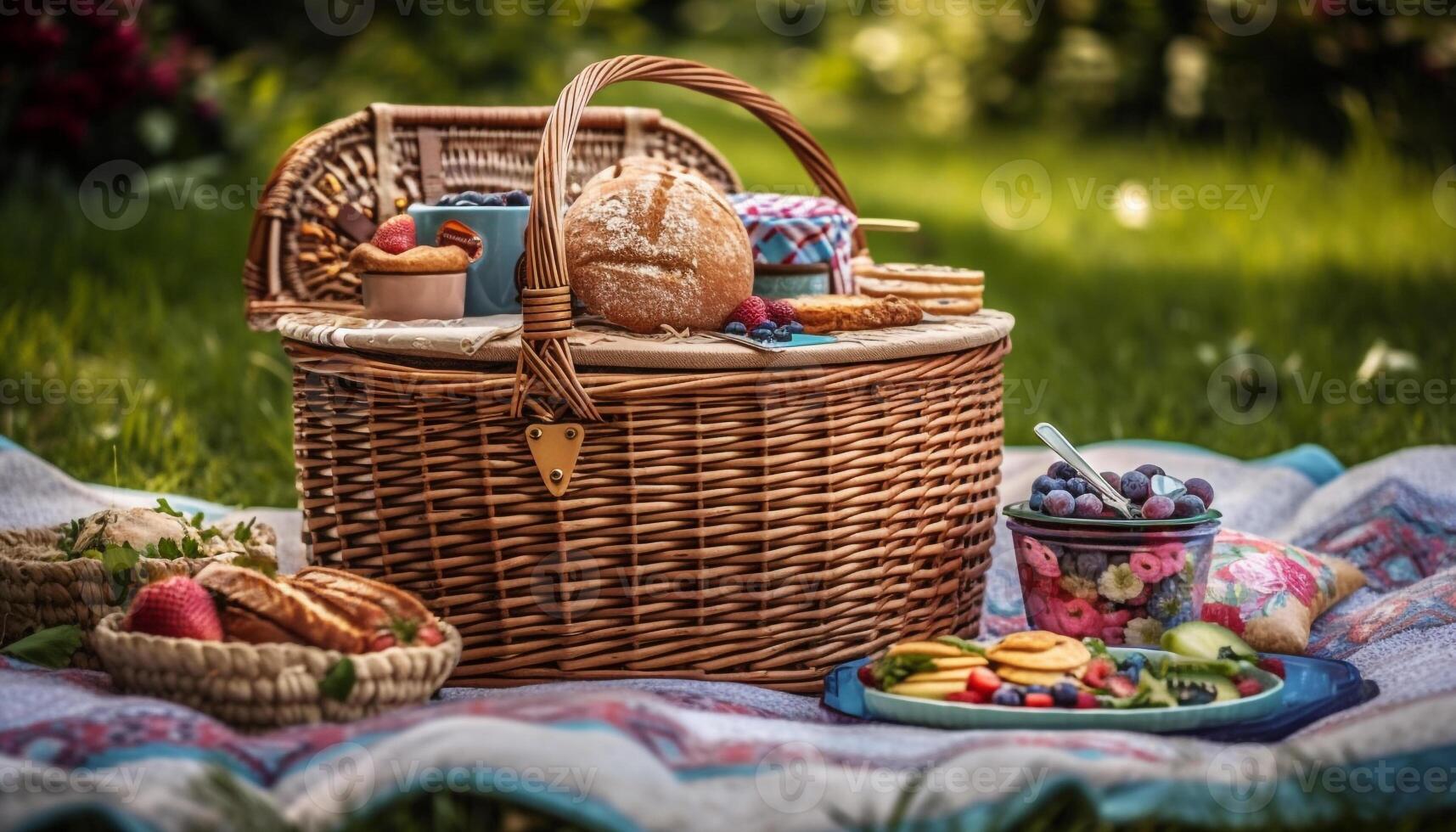 Fresh organic fruit and bread for picnic meal generated by AI photo