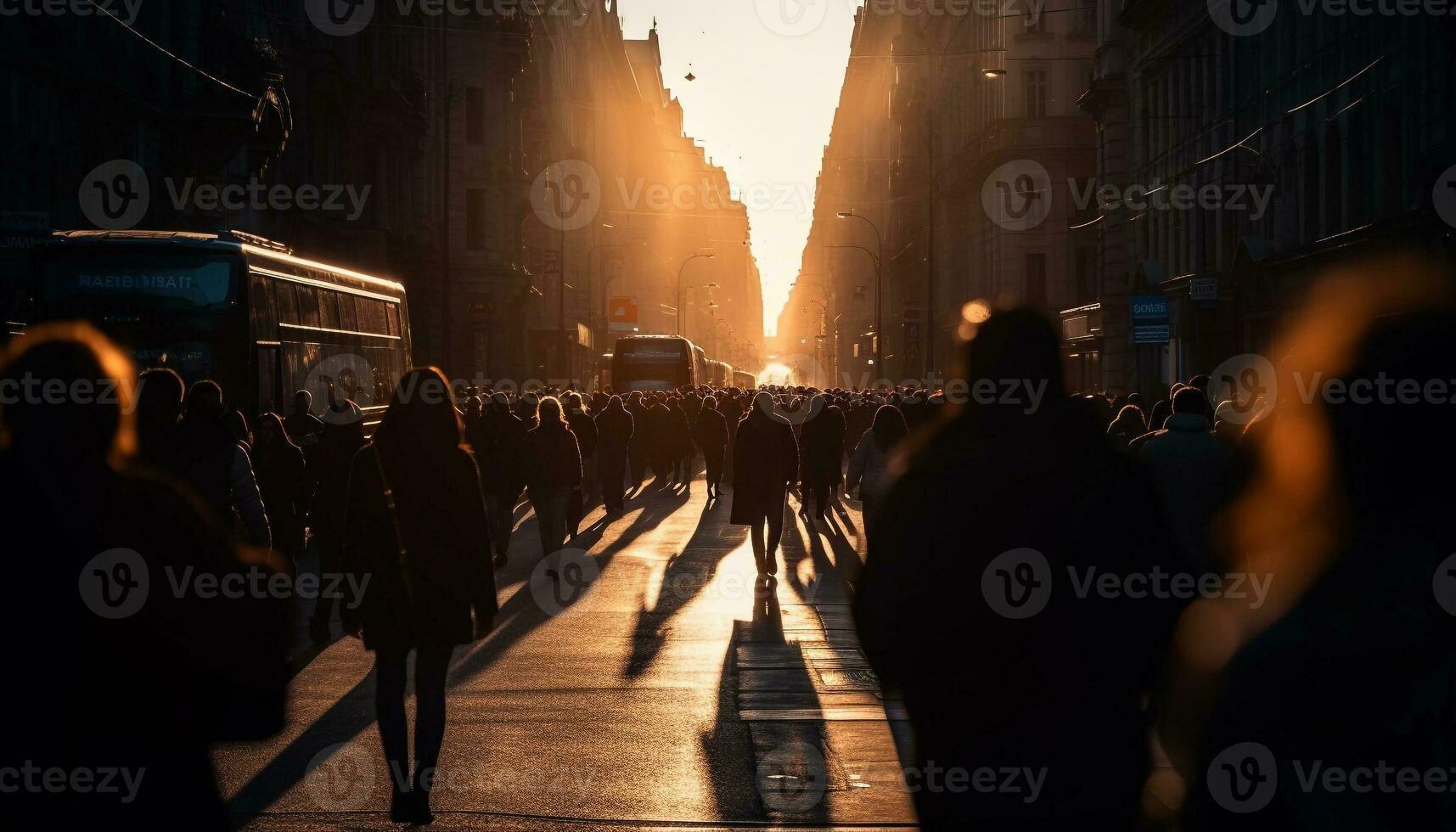 concurrido ciudad calle a oscuridad, espalda iluminado generado por ai foto