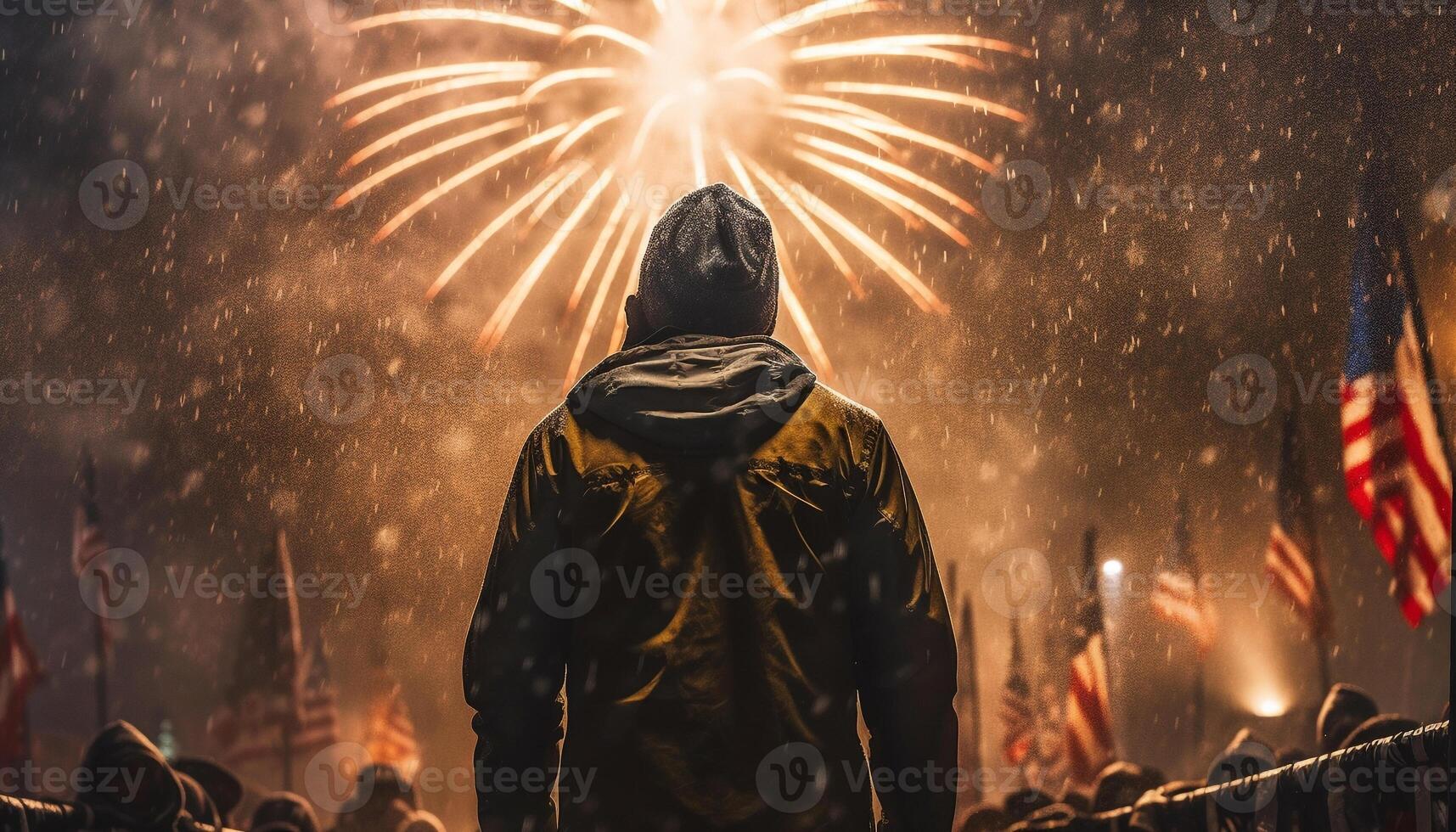 One person lighting fireworks, crowd celebrating night generated by AI photo