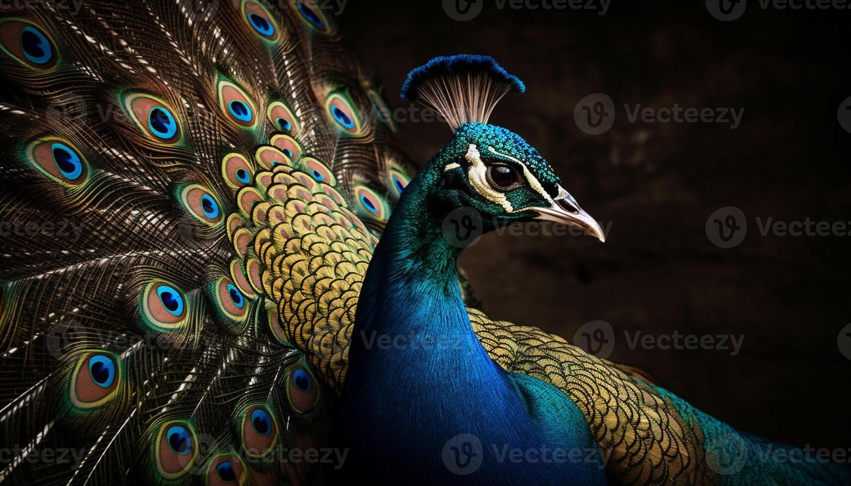 Majestic peacock displays vibrant multi colored feather elegance generated by AI photo