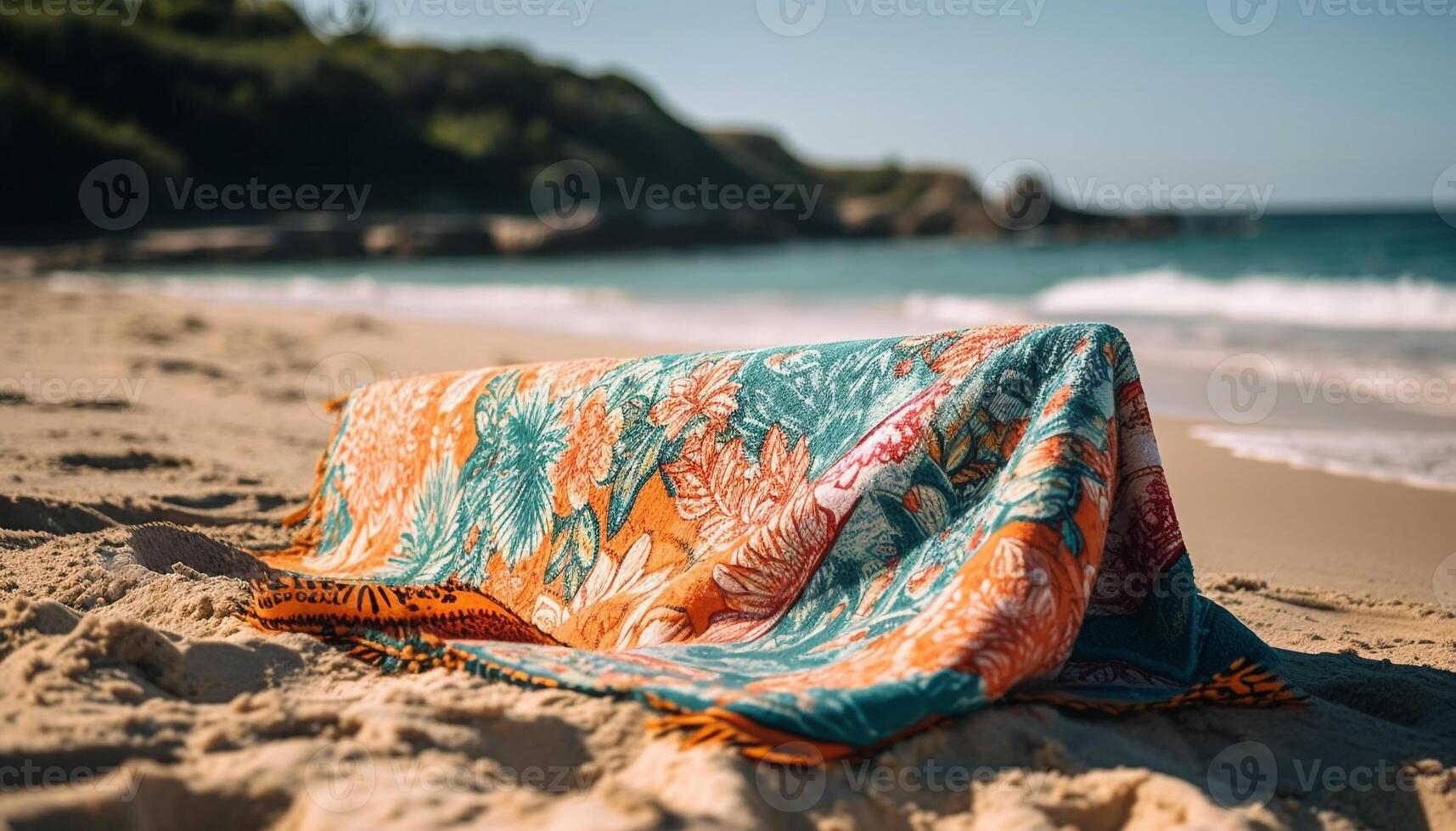 Sunbathing on sand, towel, relaxation, and heat generated by AI photo