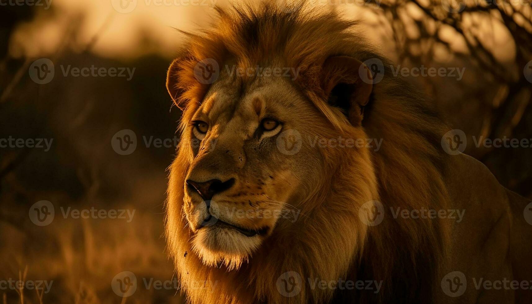Majestic lion with a fierce mane walking generated by AI photo