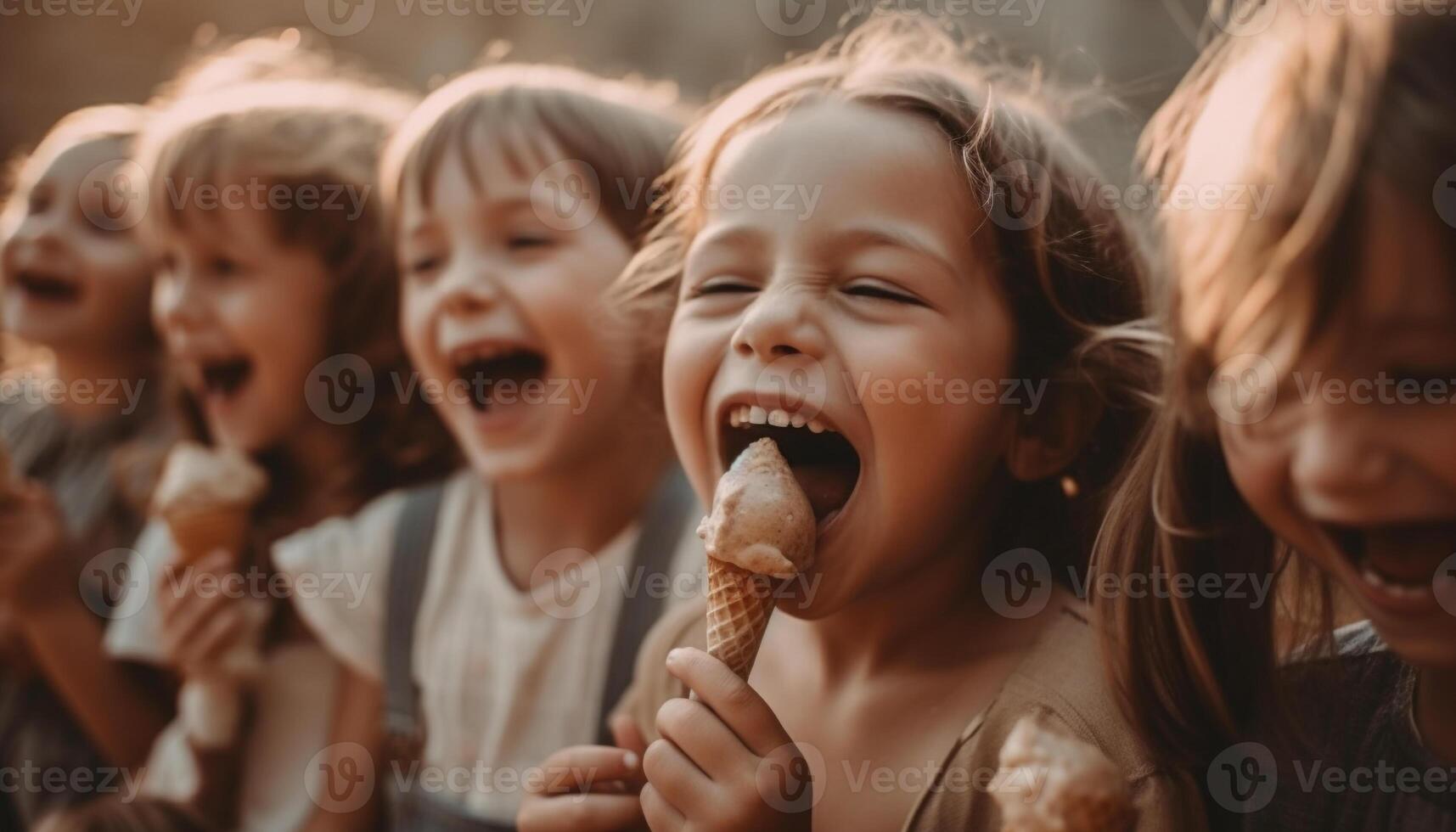 Smiling children holding ice cream, enjoying summer generated by AI photo