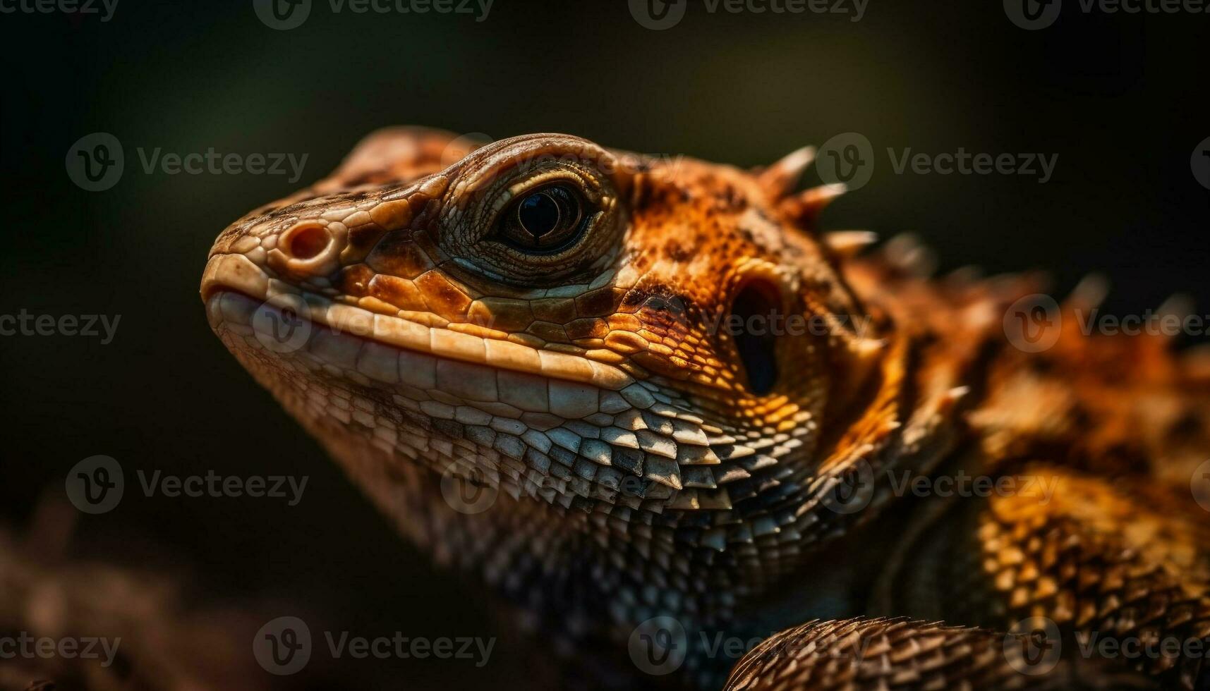 Green iguana crawls on branch in forest generated by AI photo