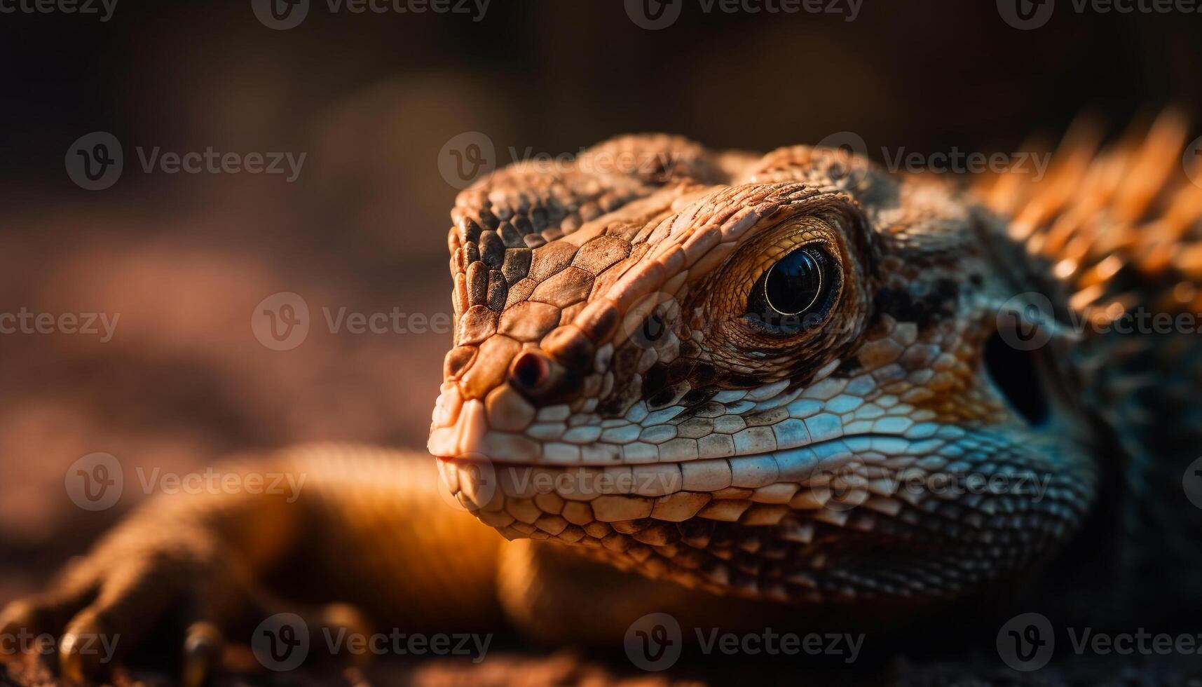 Horned lizard crawls, tongue flicks, eyes glow generated by AI photo