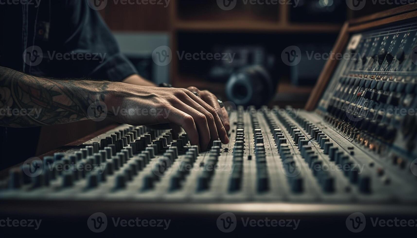 profesional músico trabajando en grabación estudio a noche generado por ai foto