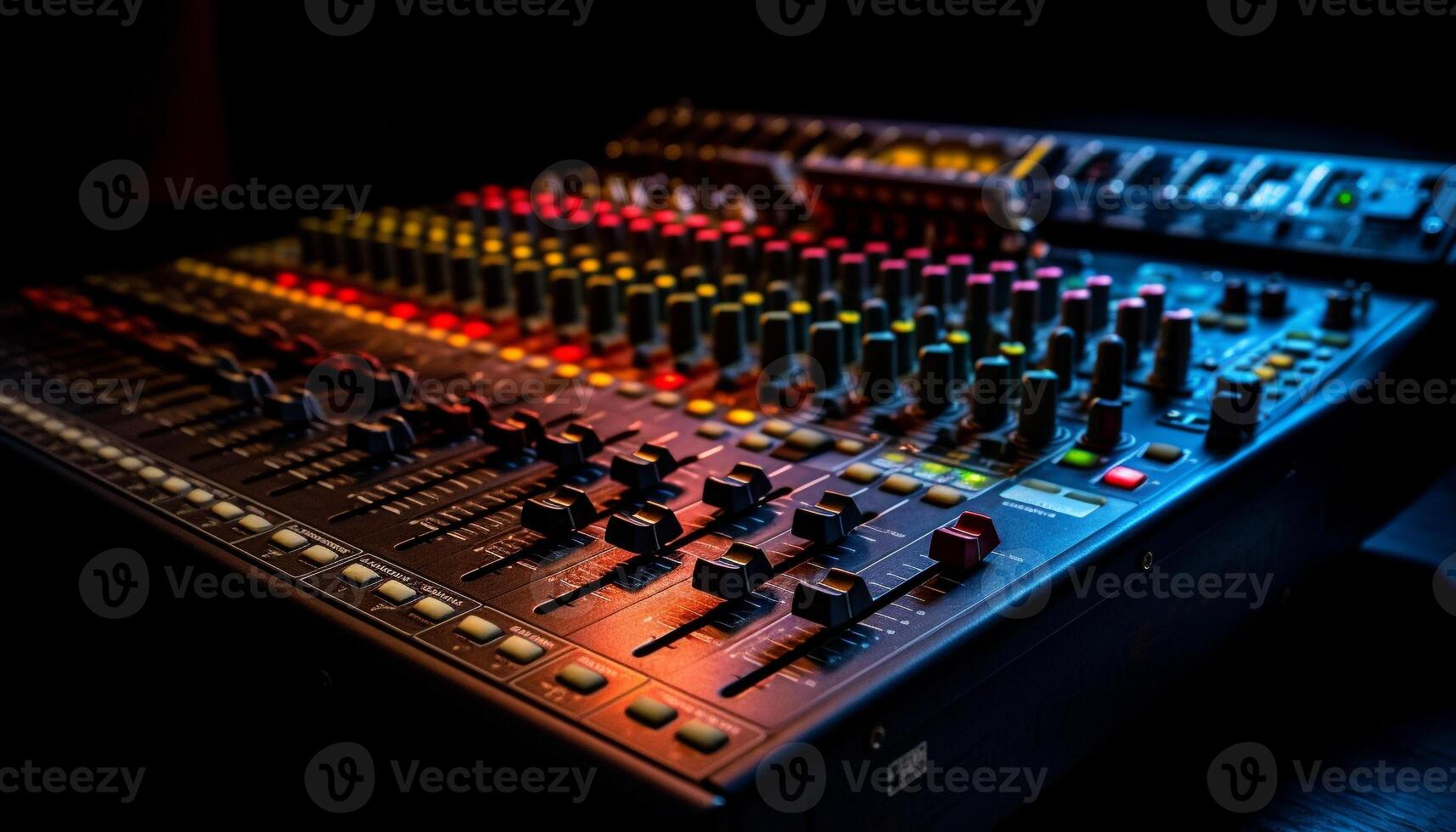 Sound engineer adjusting knobs on illuminated control panel generated by AI photo
