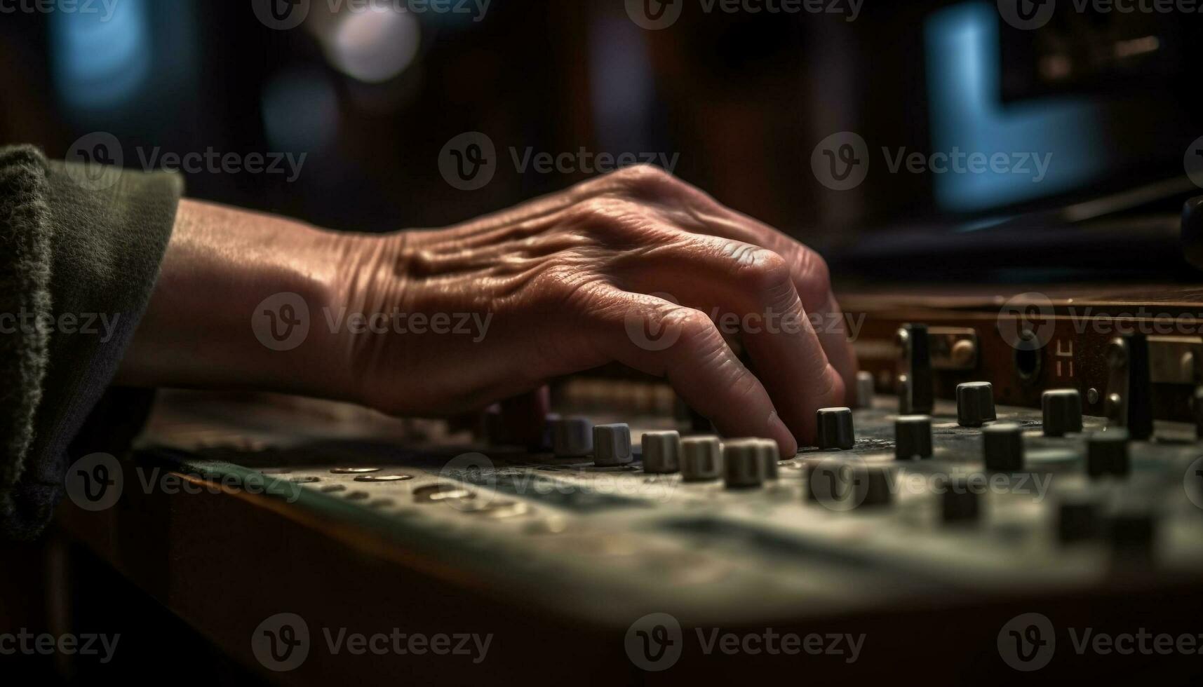 Finger on knob, musician adjusts sound levels generated by AI photo