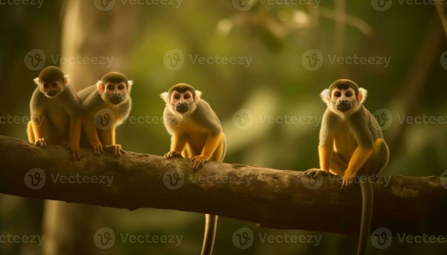 joven mono familia sentado en árbol rama generado por ai foto