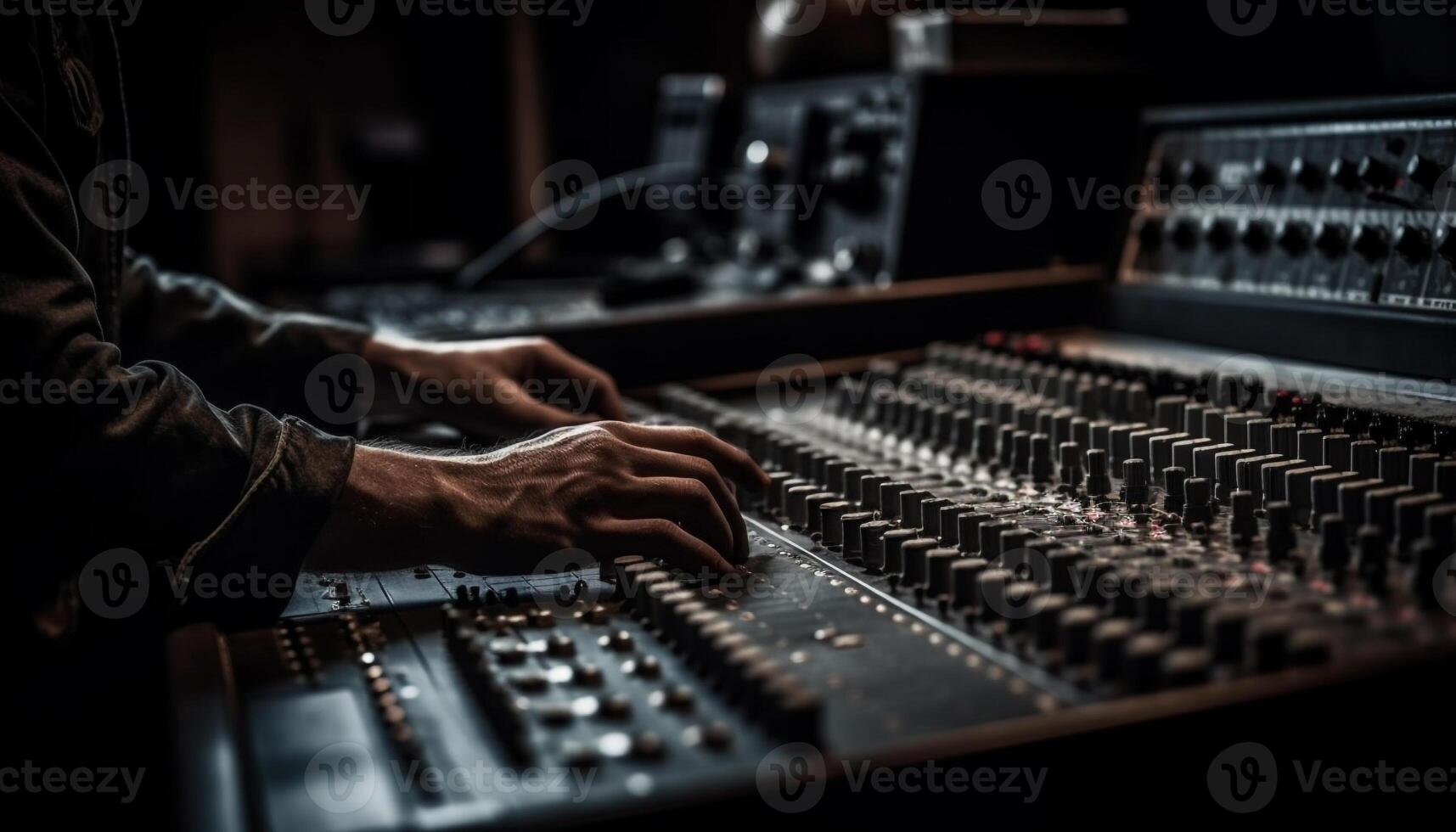 Expert sound engineer adjusts equipment in recording studio generated by AI photo
