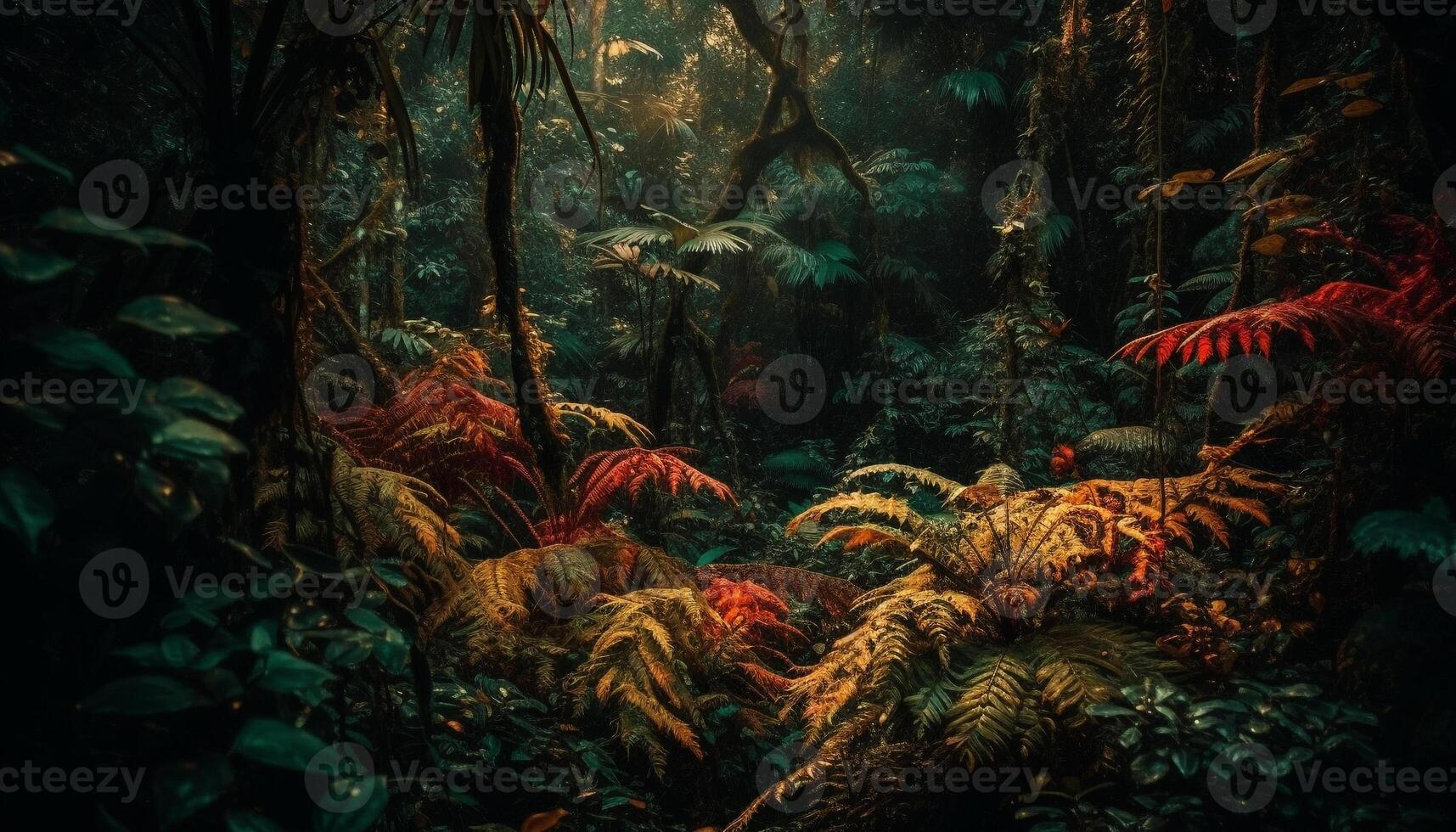 Vibrant colors of nature in tropical rainforest generated by AI photo