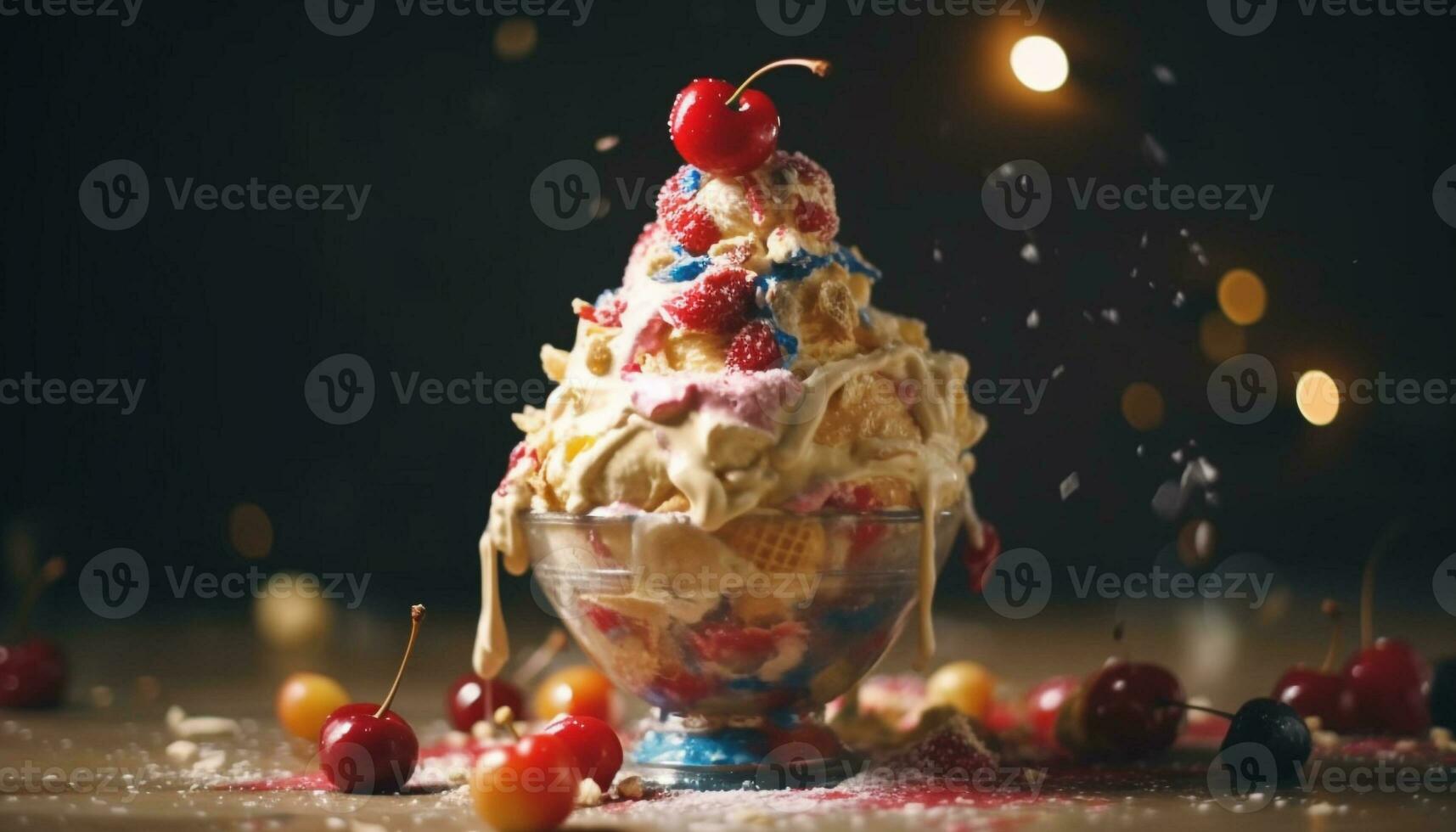 Indulgent ice cream sundae with berry toppings generated by AI photo