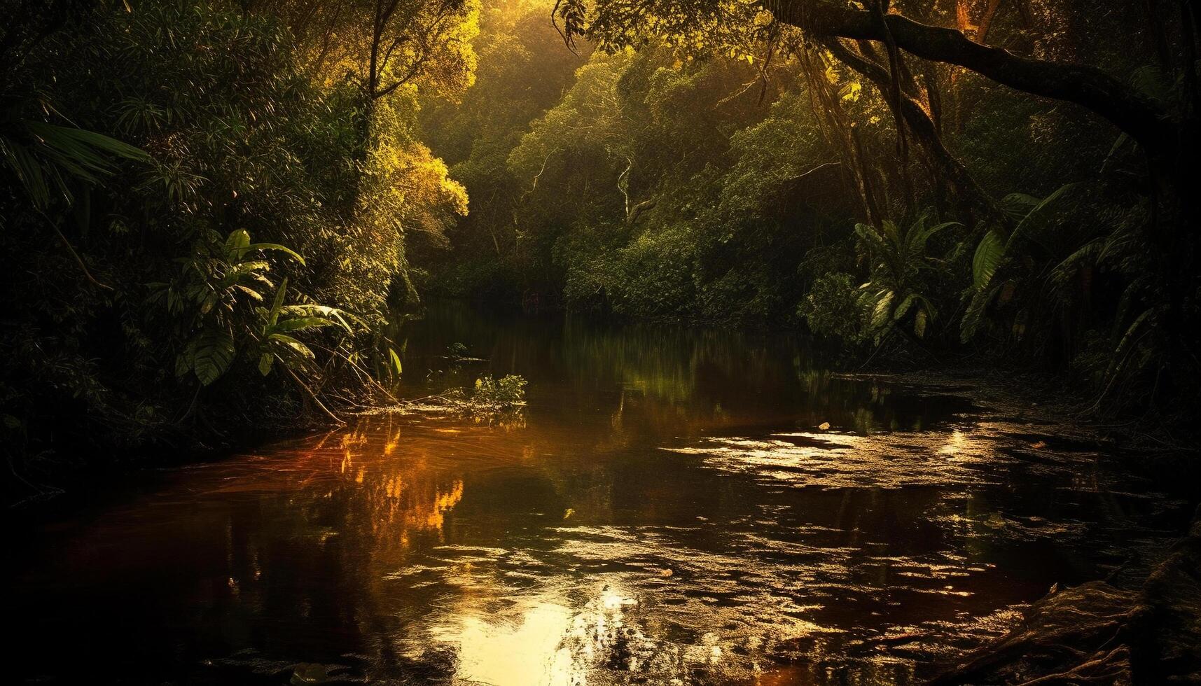 Tranquil scene of autumn forest reflects beauty generated by AI photo