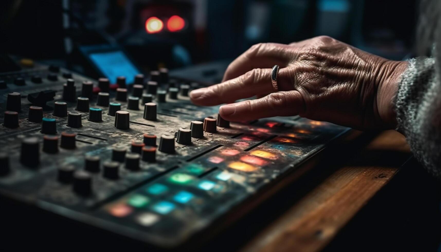 experto sonido ingeniero ajusta mezclador en Club nocturno actuación generado por ai foto