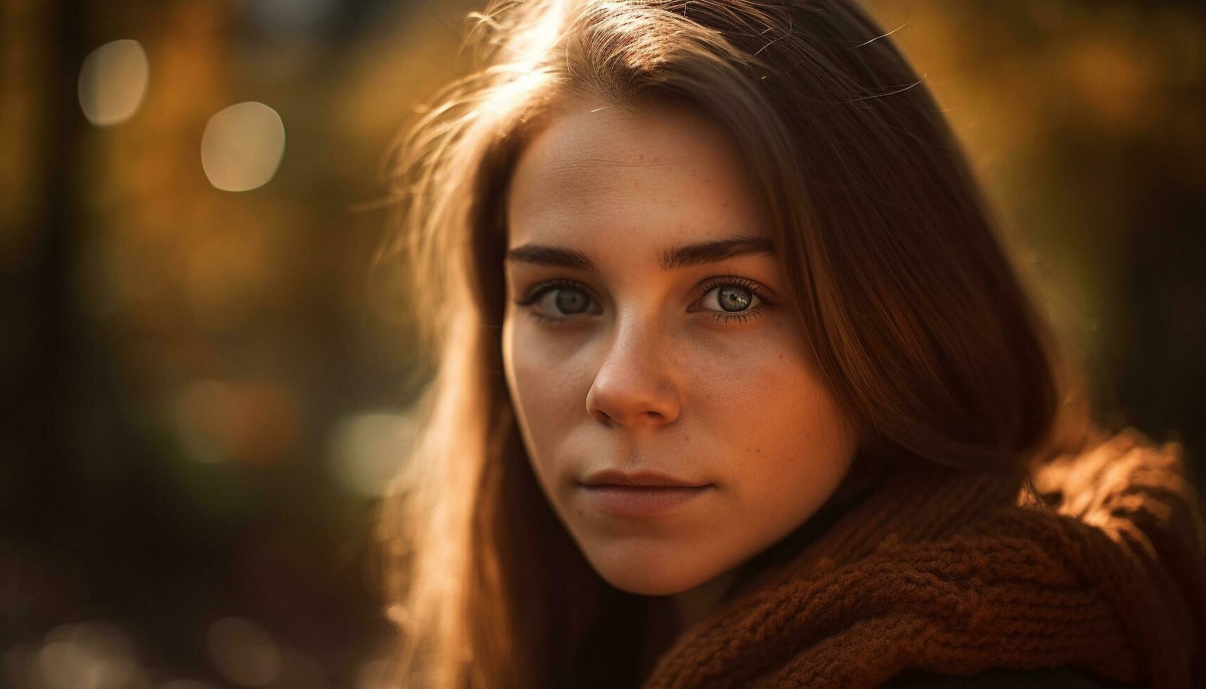Young woman smiling, looking at camera outdoors generated by AI photo