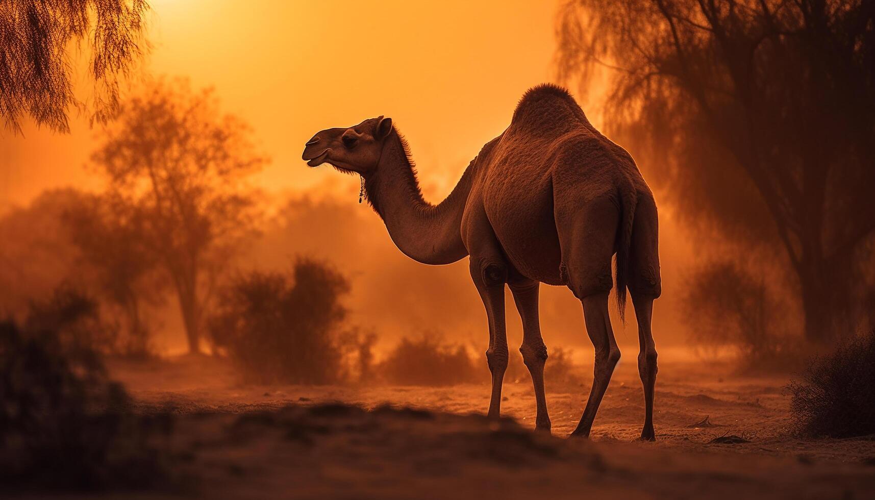 One dromedary camel standing in tranquil wilderness generated by AI photo