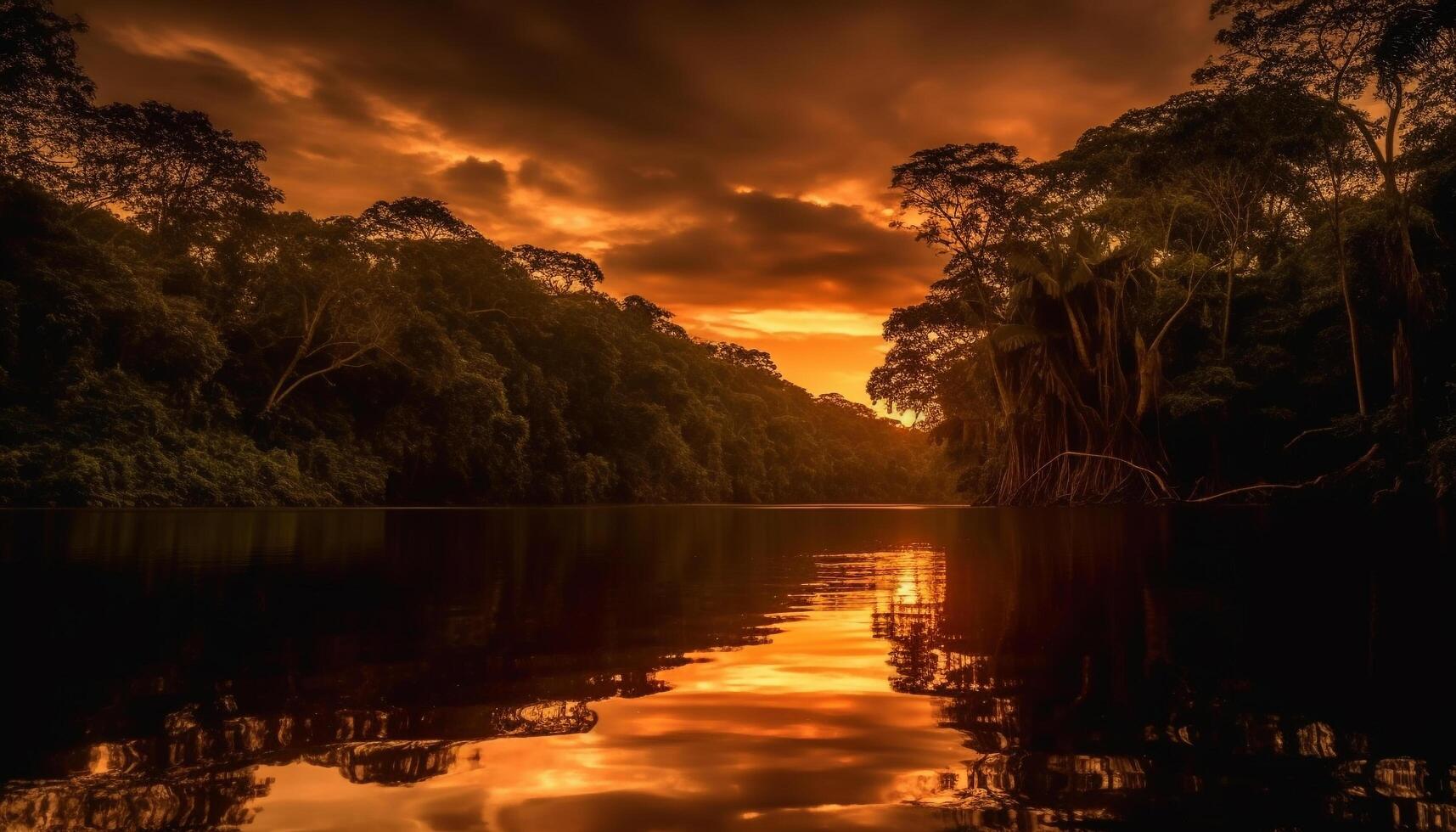 Silhouette of tree against orange sunset sky generated by AI photo