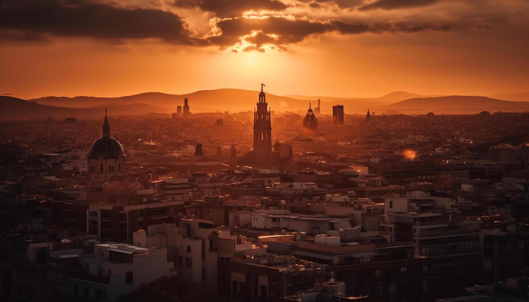 Backlit city skyline illuminated by sunset glow generated by AI photo