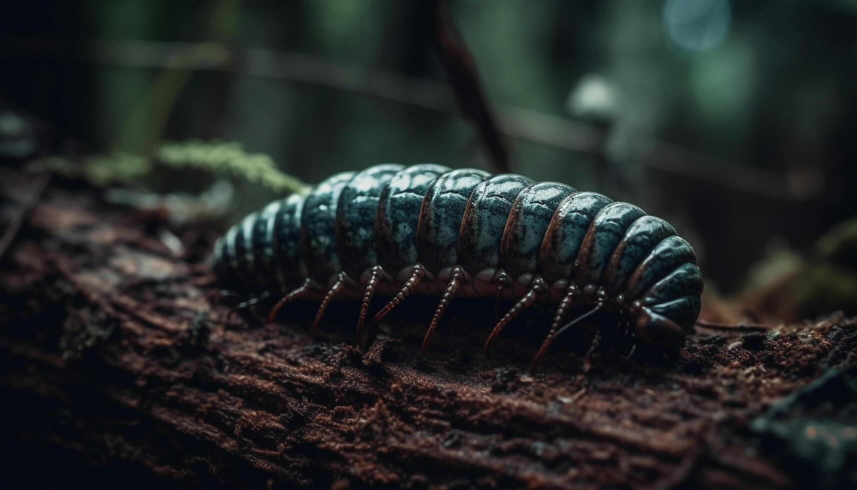 Crawling caterpillar on green leaf in forest generated by AI photo