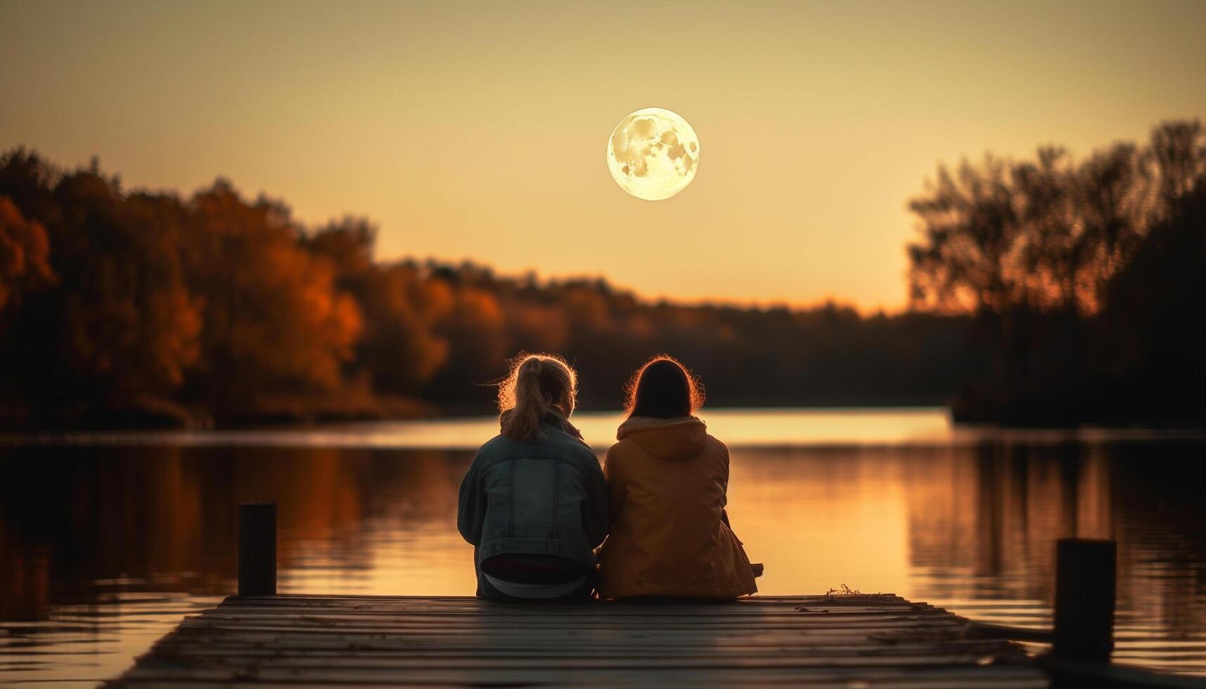Two sisters sitting on jetty, enjoying sunset generated by AI photo