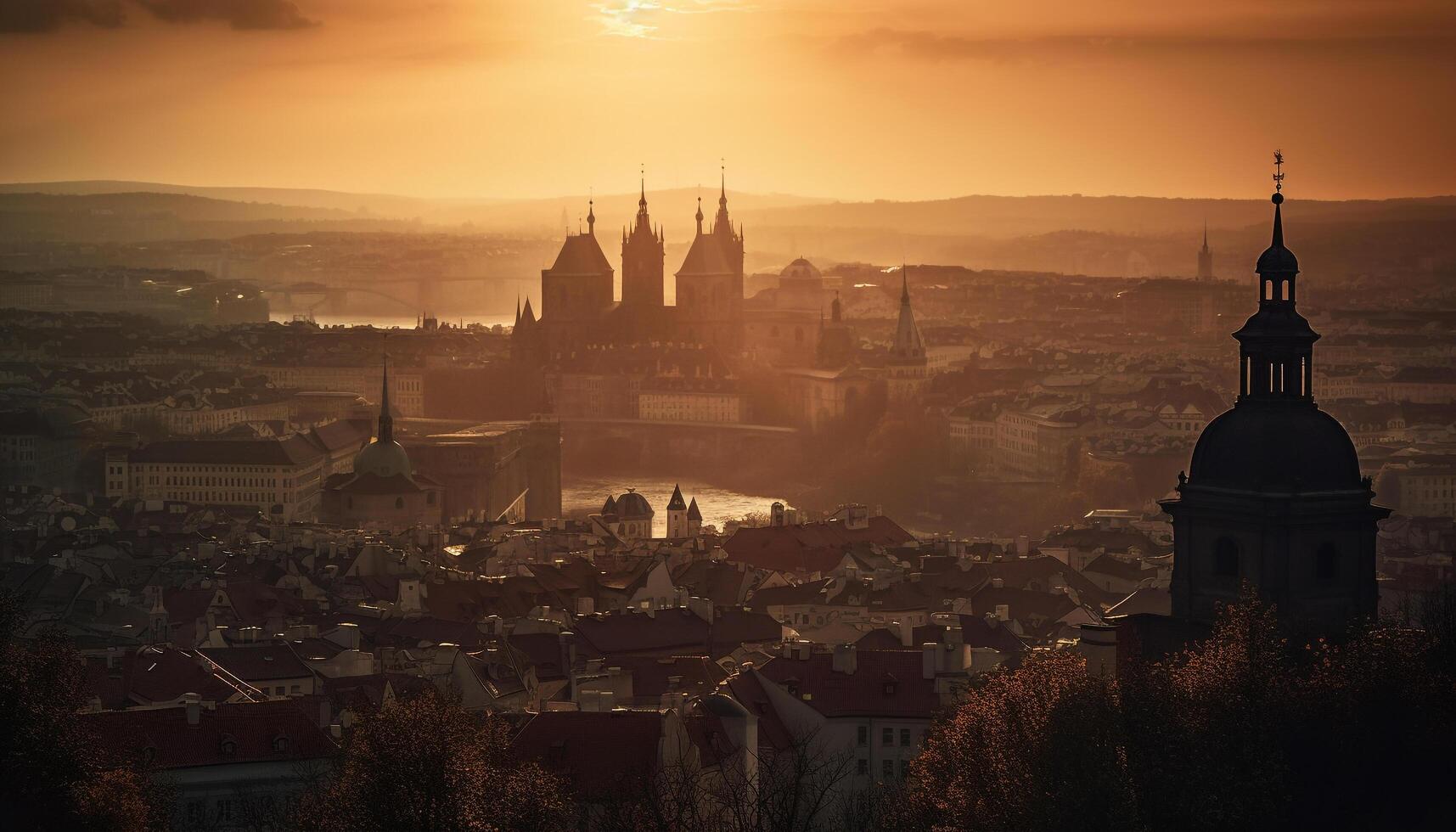 Gothic spires silhouette ancient basilica at twilight generated by AI photo