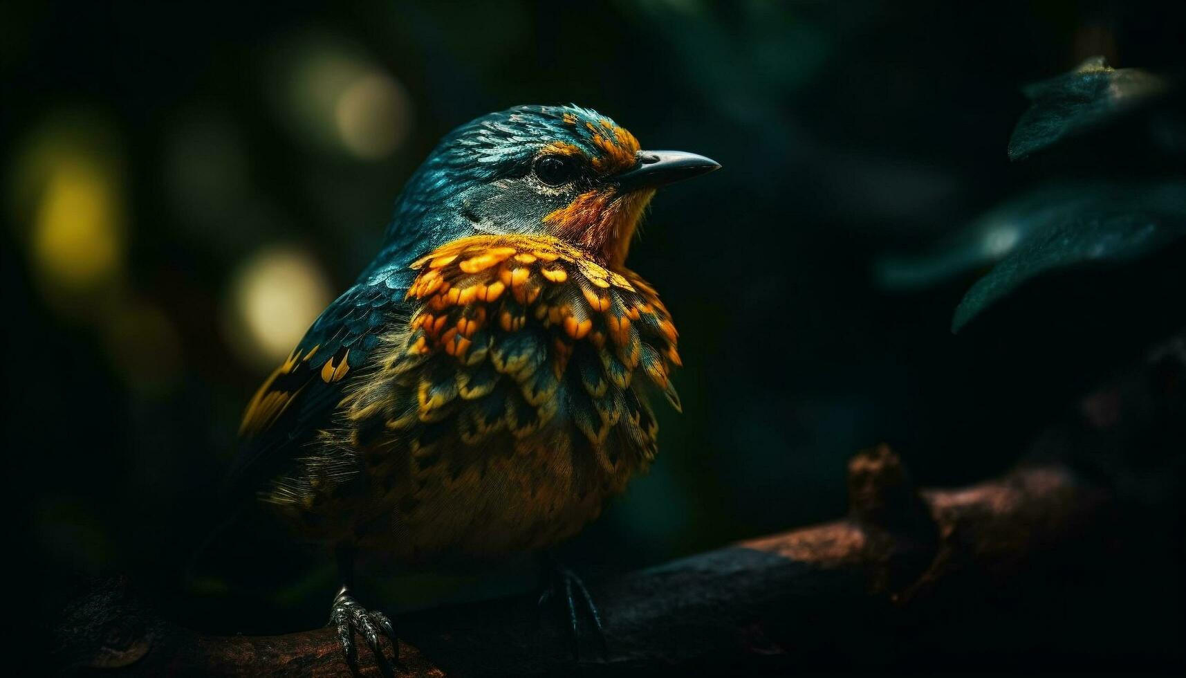 Male starling perching on branch, feathers generated by AI photo