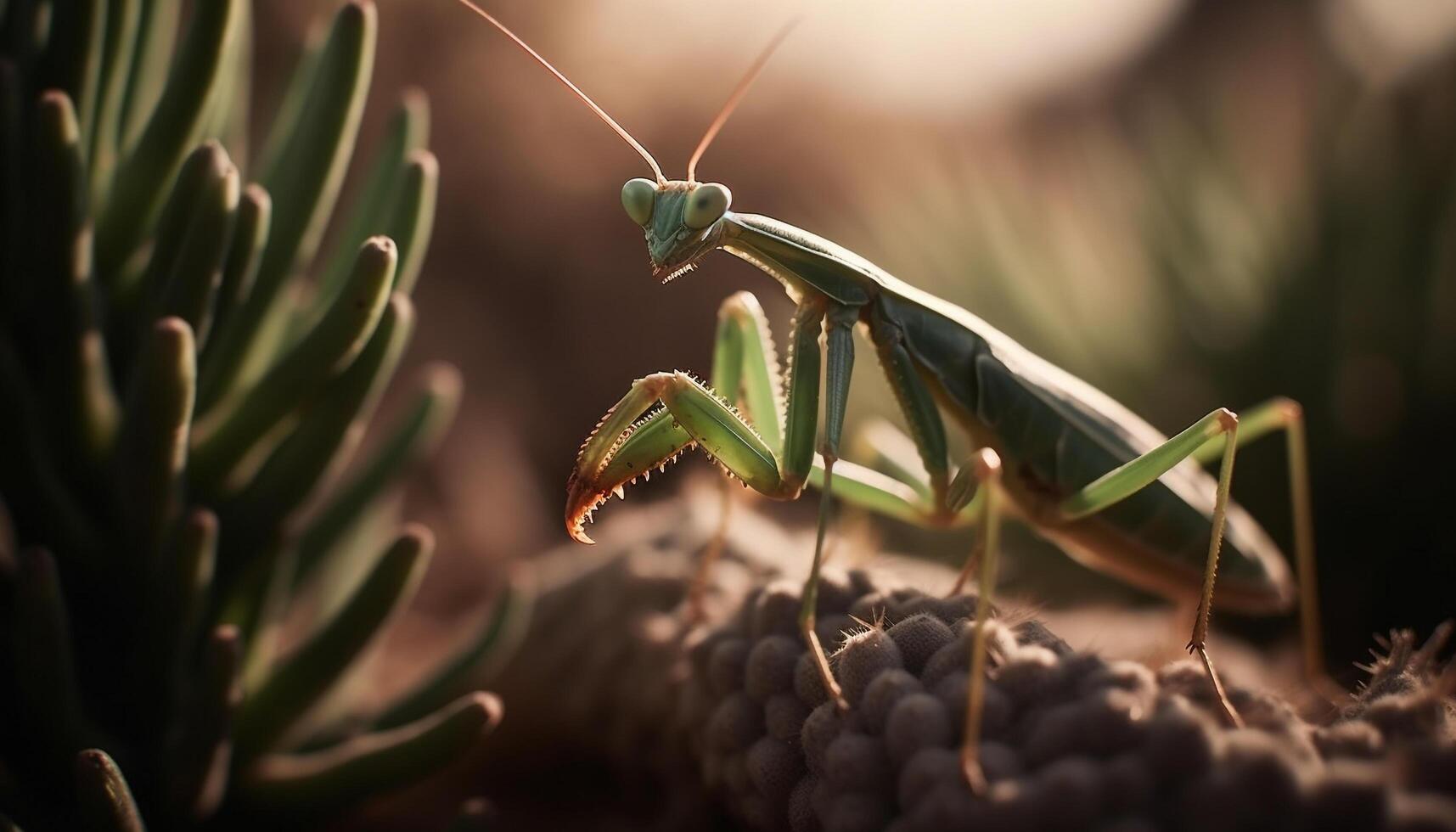 Green locust on leaf, sharp focus foreground generated by AI photo